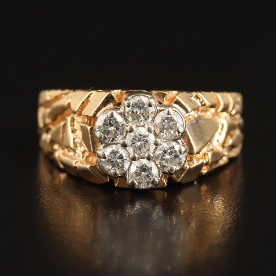 Vintage 14K 1.08 CTW Diamond Cluster Ring with Nugget Shoulders