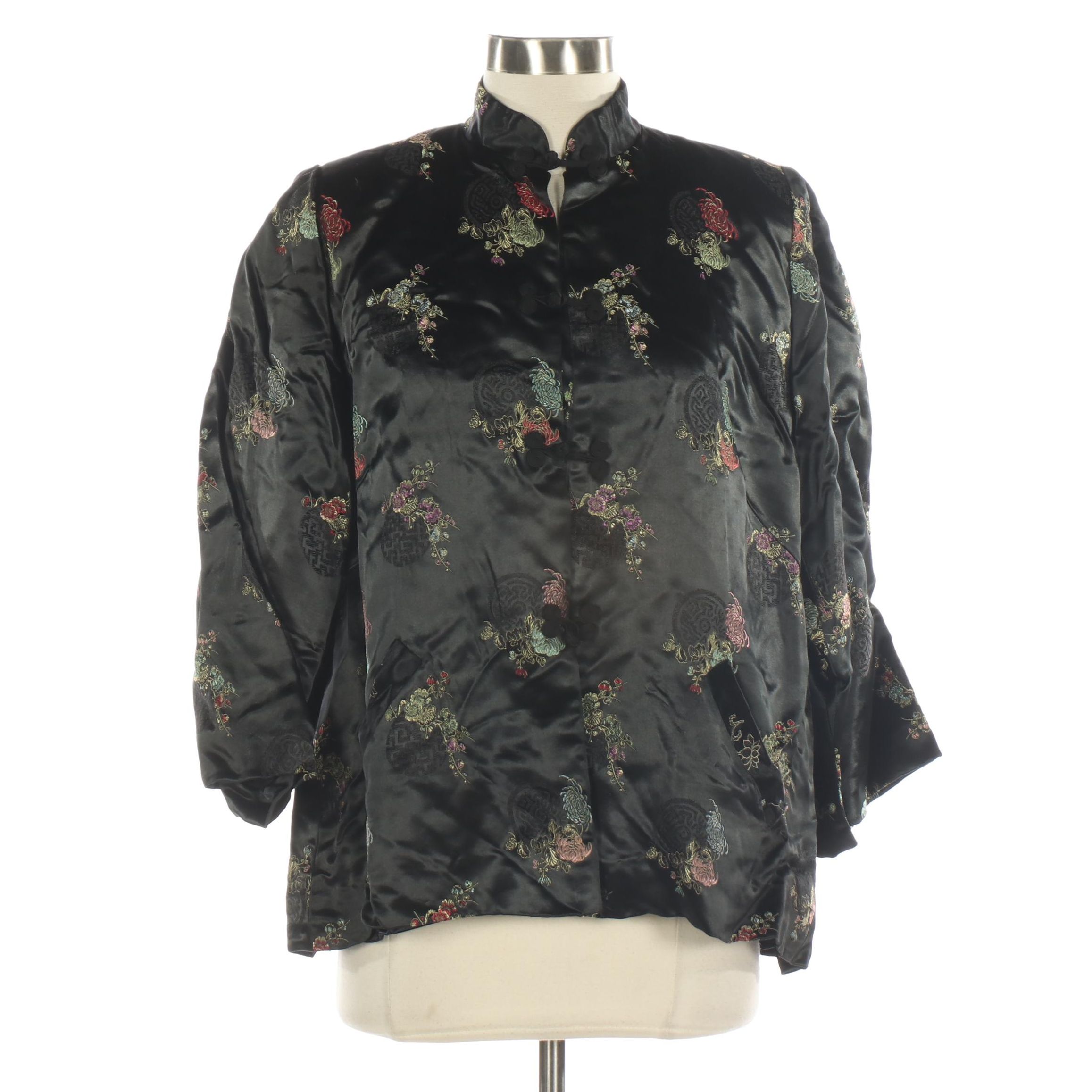 Chinoiserie Black Floral Satin Brocade Jacket EBTH