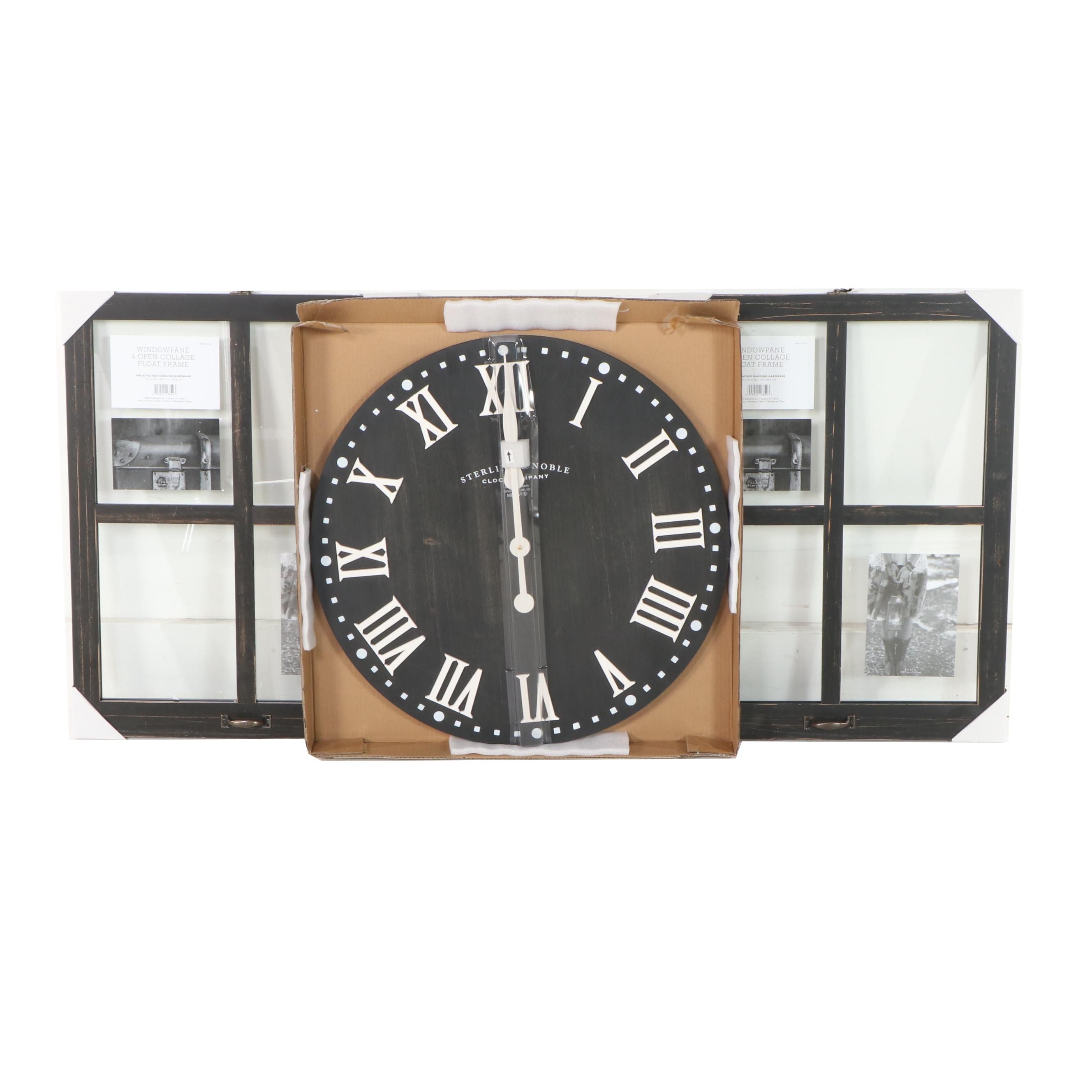 Threshold 23" Black Wood Finish Wall Clock and Two Windowpane Collage