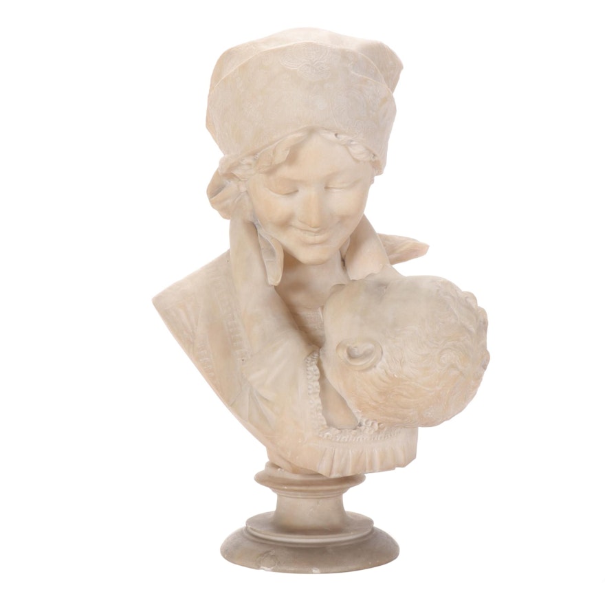 Studio of Fernandino Vichi Alabaster Double-Bust of Mother and Child, 1900