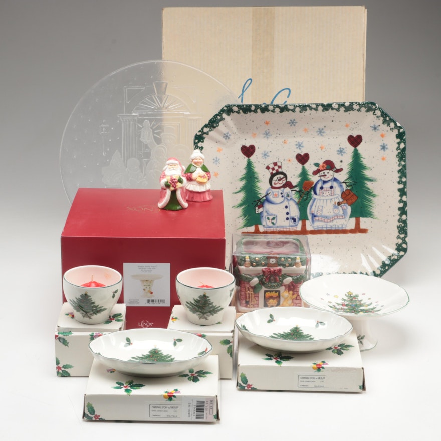 Lenox "Happy Holly Days" Ceramic Treat Bowl With Other Christmas Tableware