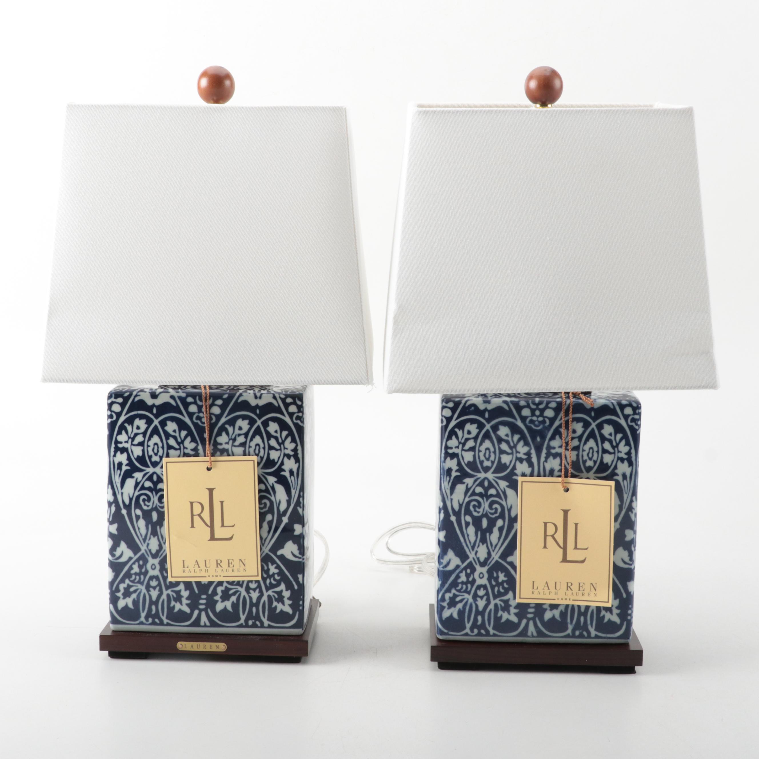 Pair of Ralph Lauren Blue and White Floral Ceramic Table Lamps EBTH