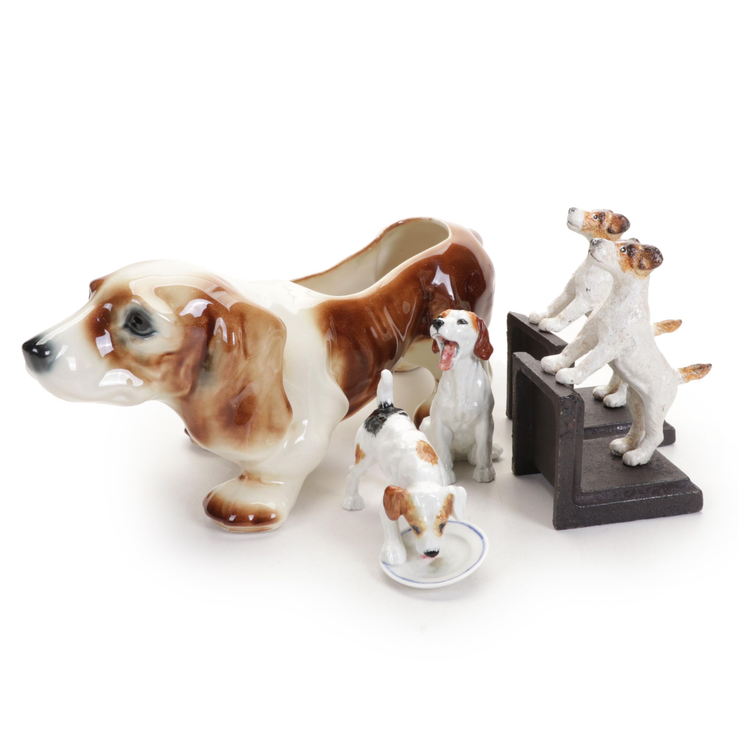 Royal Doulton Dog Figurines, Cast Iron Bookends, and Planter EBTH