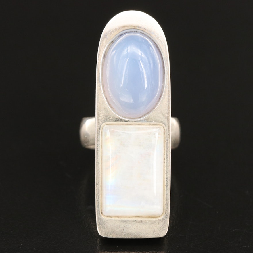 Sterling Rainbow Moonstone and Chalcedony Geometric Pointer Ring