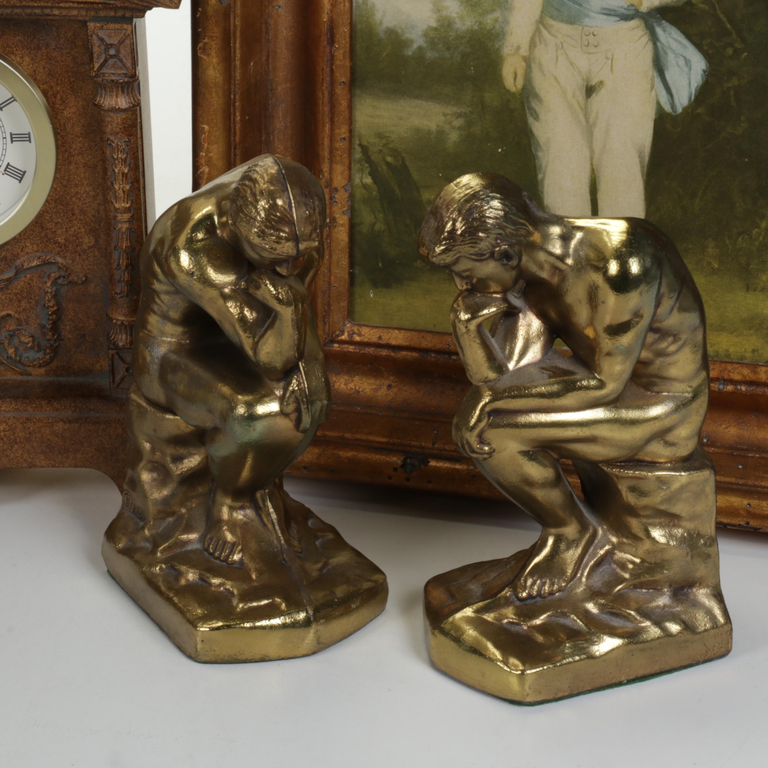 Brass Colored "The Thinker" Bookends With Table Lamp, Mantel Clock and