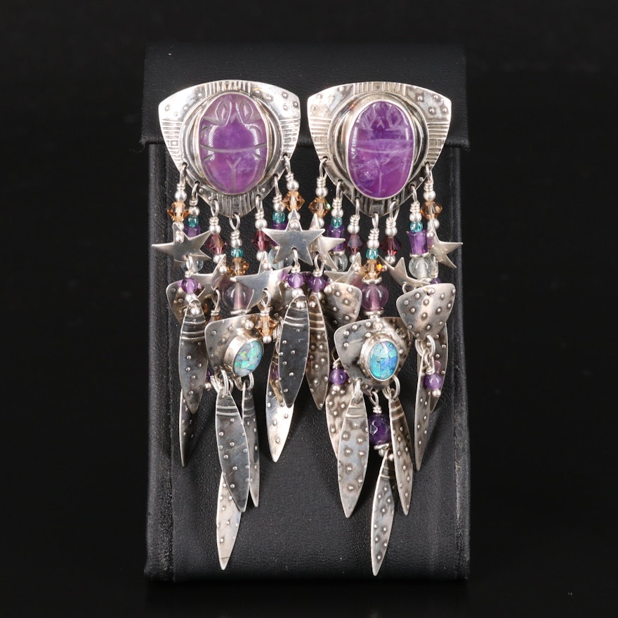 Tabra Tunoa Sterling Embossed Earrings with Carved Amethyst and Opal