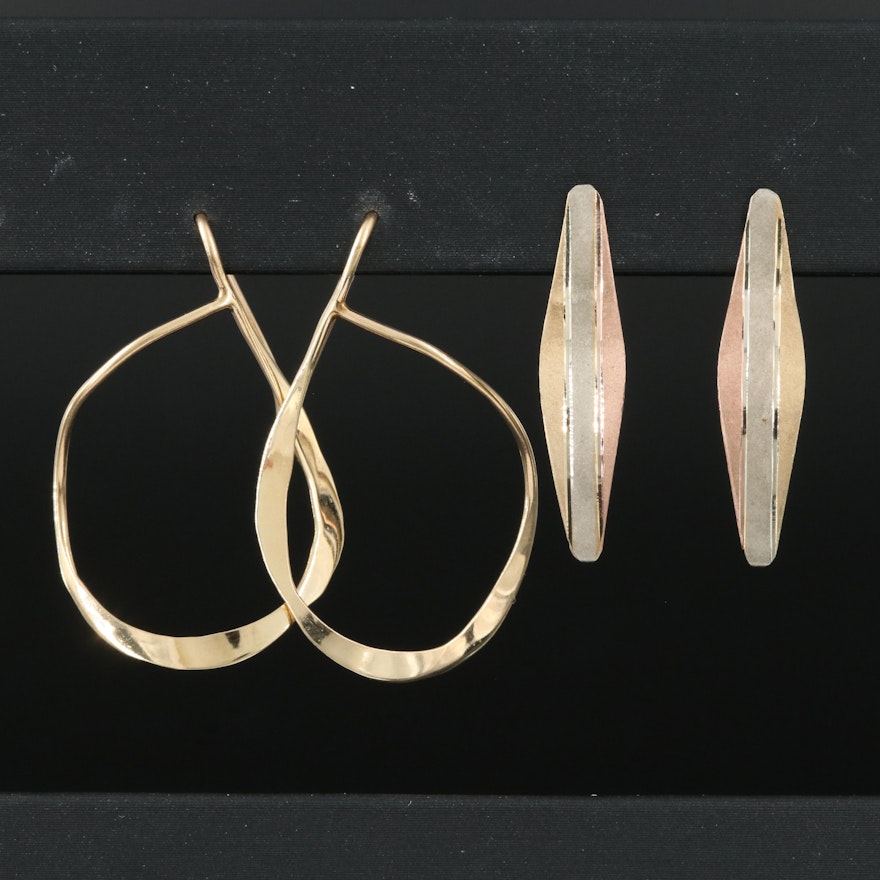 14K Earrings including Asymmetrical Hoops and Tri-Color Drops
