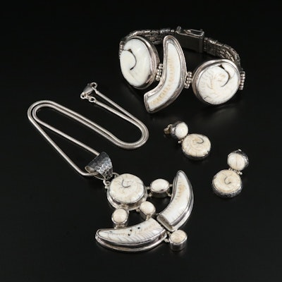 Sterling and Shell Bracelet, Earrings and Necklace Set