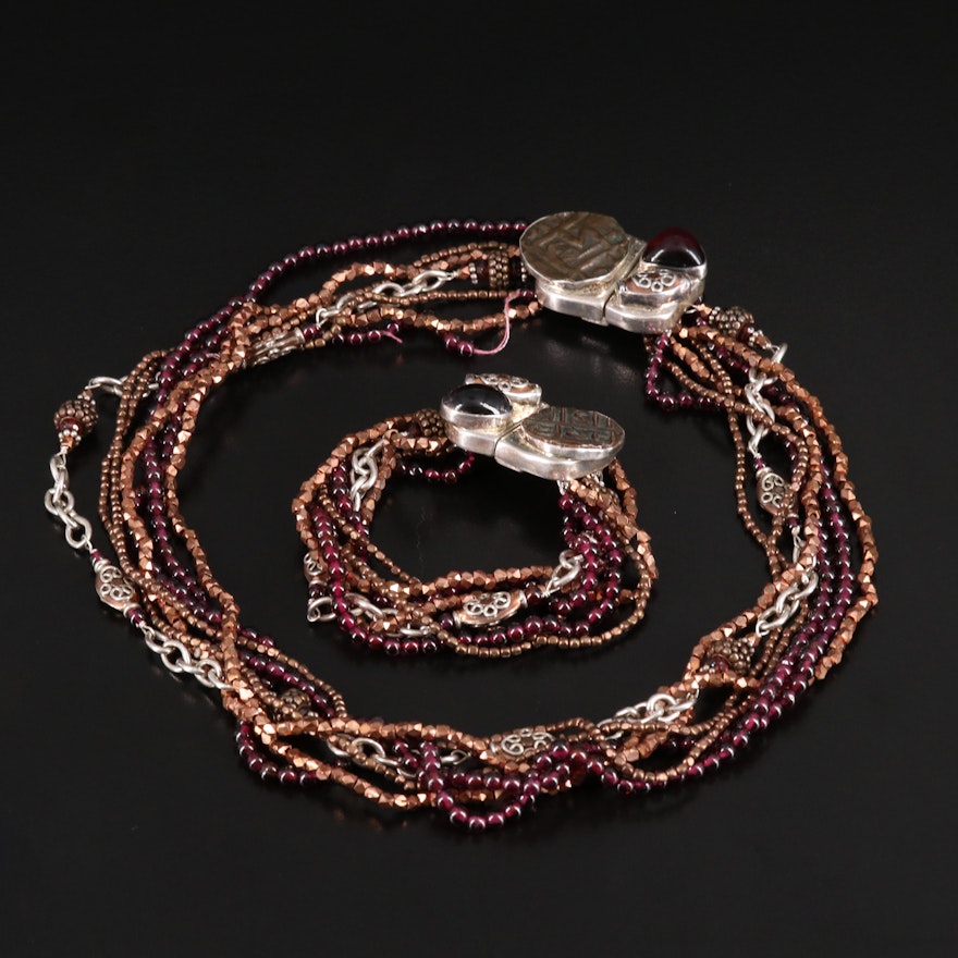 Amy Kahn Russell Sterling Quartz Doublet and Garnet Necklace and Bracelet Set