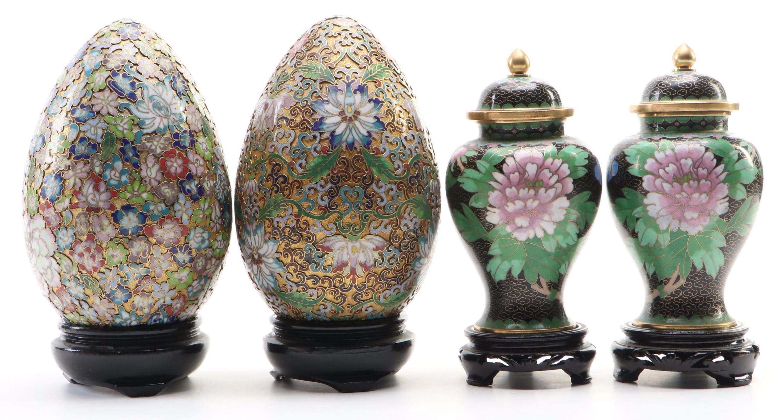 Chinese Cloisonné Ginger Jars and Decorative Champlevé Eggs EBTH