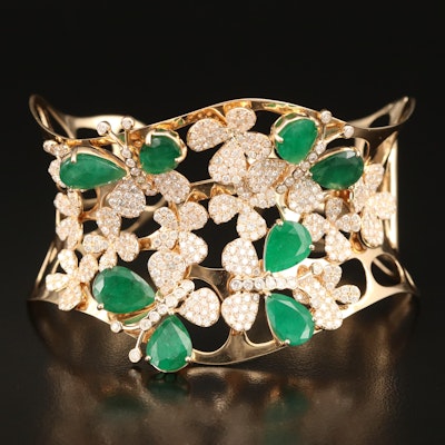 14K 6.10 CTW Diamond and 14.26 CTW Emerald Scalloped Butterfly Cuff