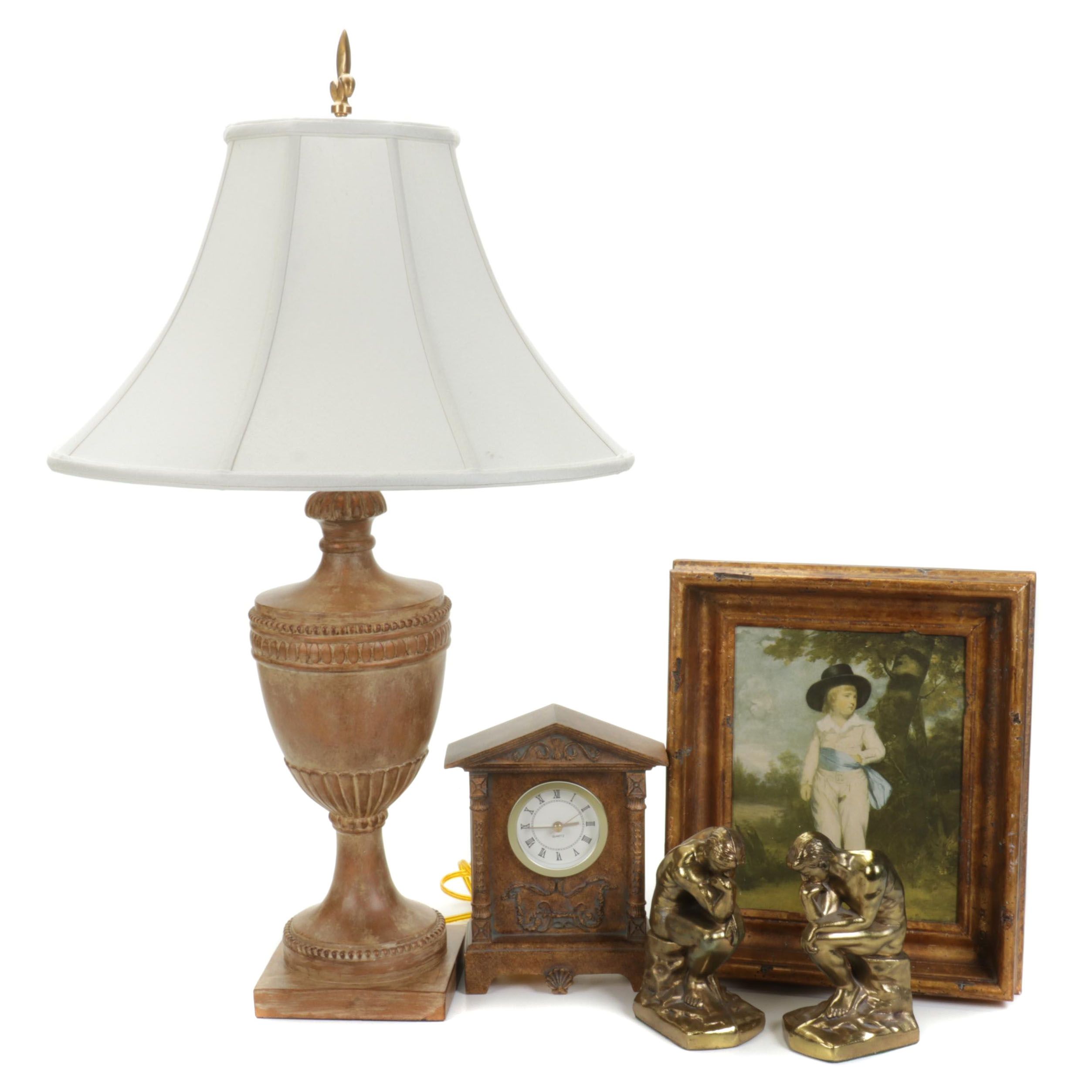 Brass Colored "The Thinker" Bookends With Table Lamp, Mantel Clock and
