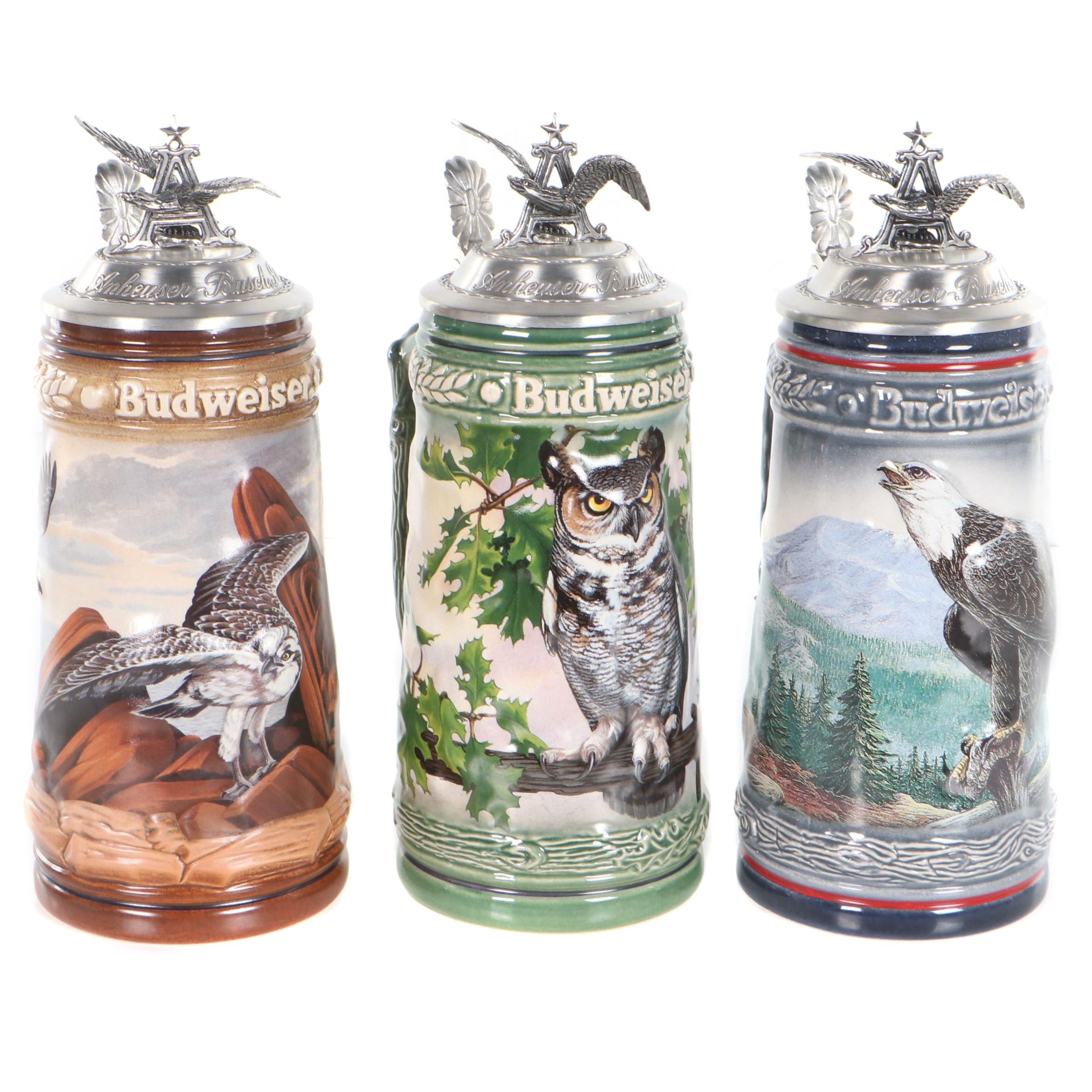 Budweiser Ceramic "Birds of Prey" Beer Steins, 1990s EBTH