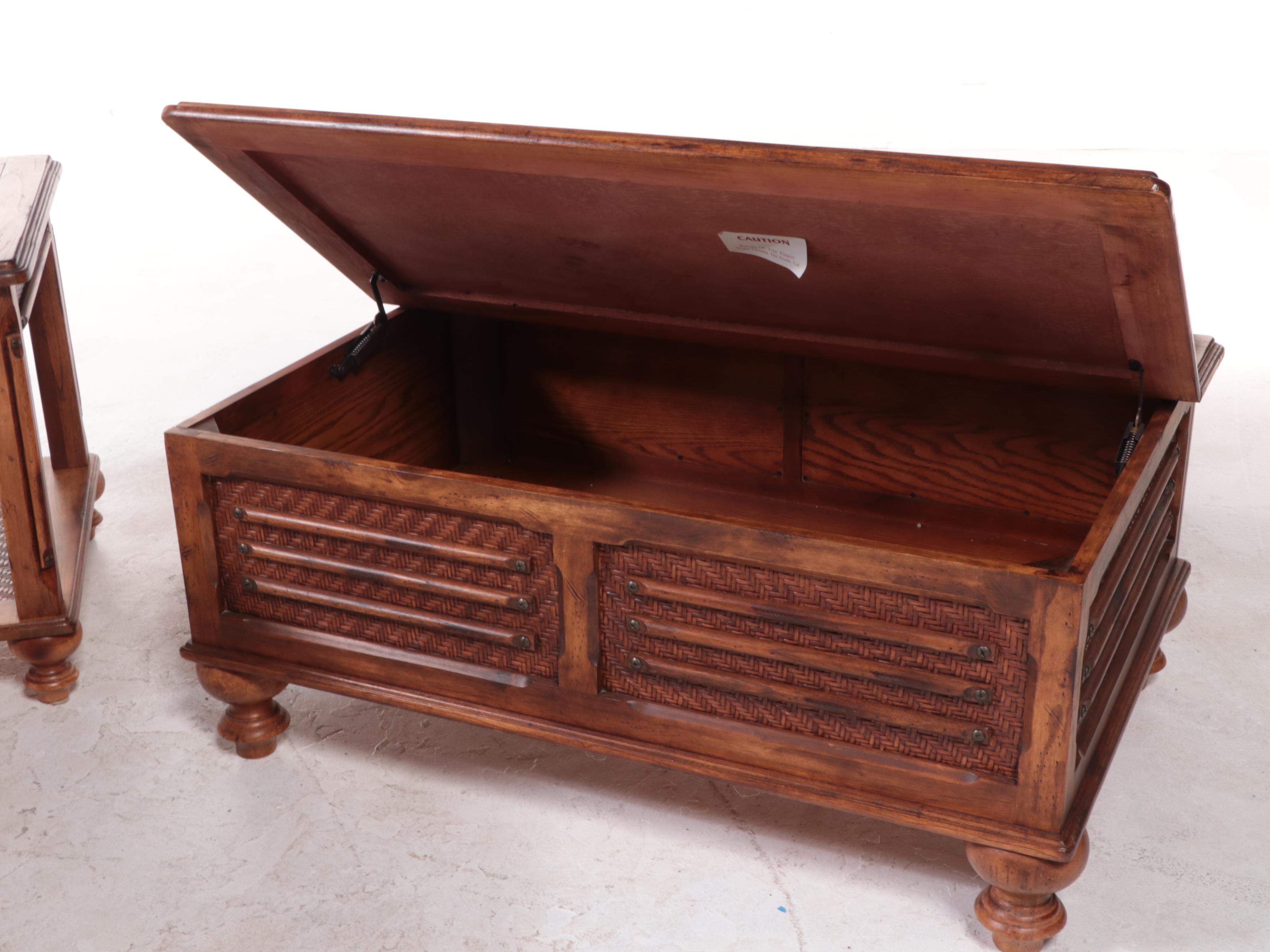 ThreePiece Oak Coffee and End Tables Suite with Hinged Storage EBTH