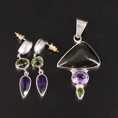 Charles Albert Rainbow Obsidian, Amethyst and Gemstone Pendant and Earrings