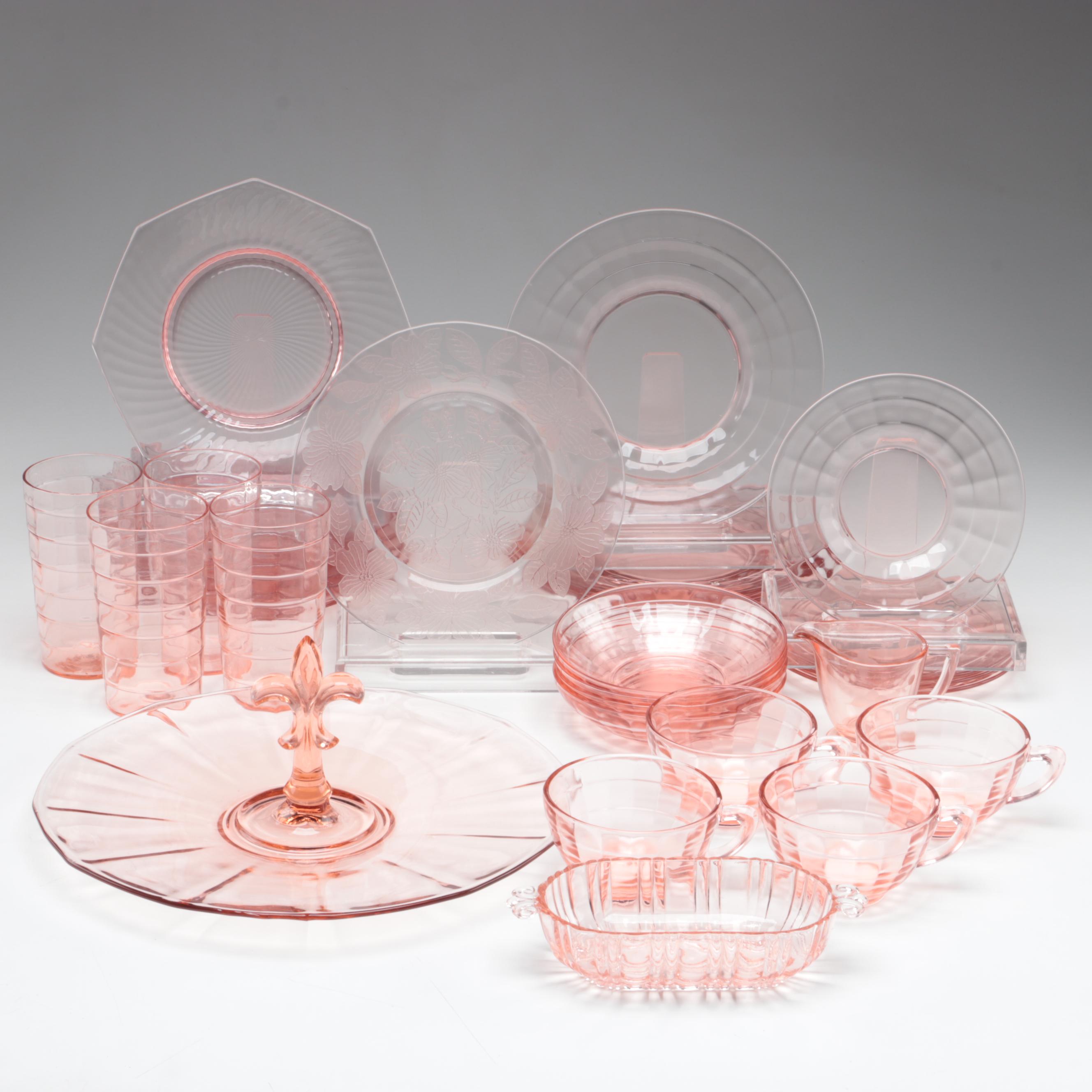 Anchor Hocking "Block Optic" Dinnerware with Other Pink Depression Glass EBTH