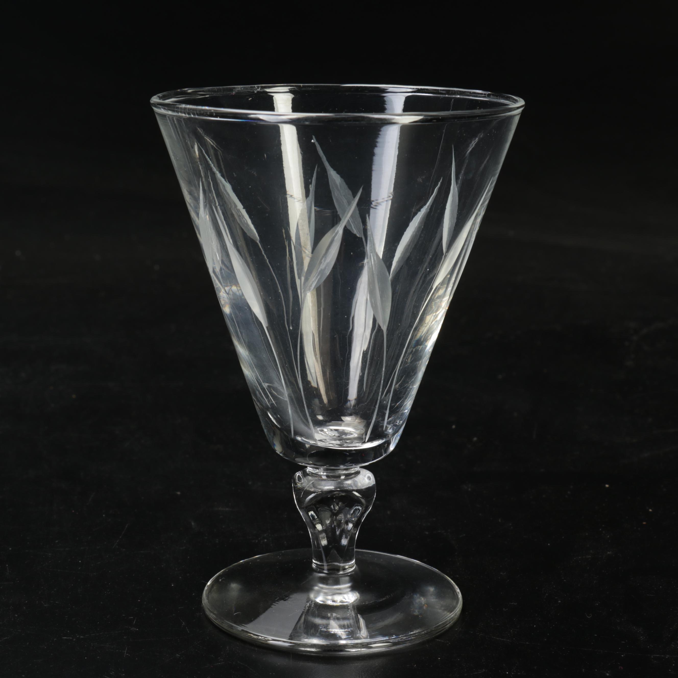 Mid Century Modern Style Etched Cattail Flared Stemware with Other Wine