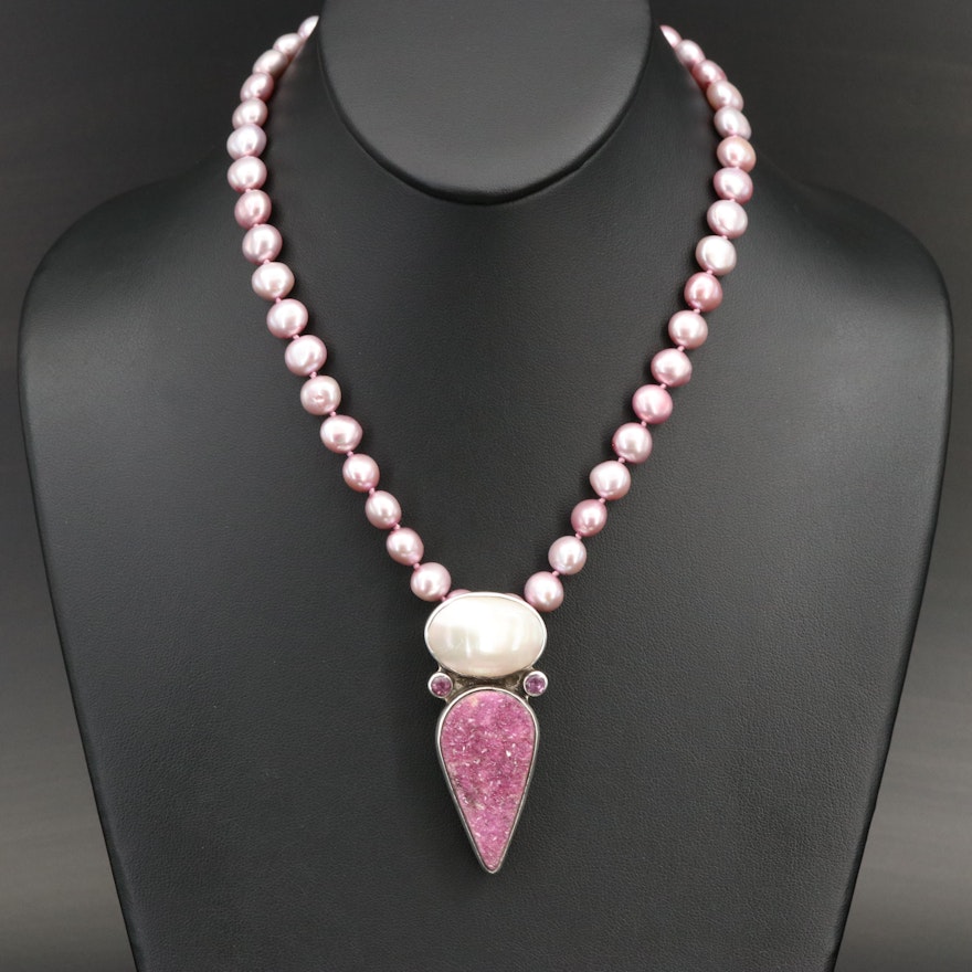 Amy Kahn Russell Sterling Garnet and Druzy Enhancer Pendant on Pearl Necklace