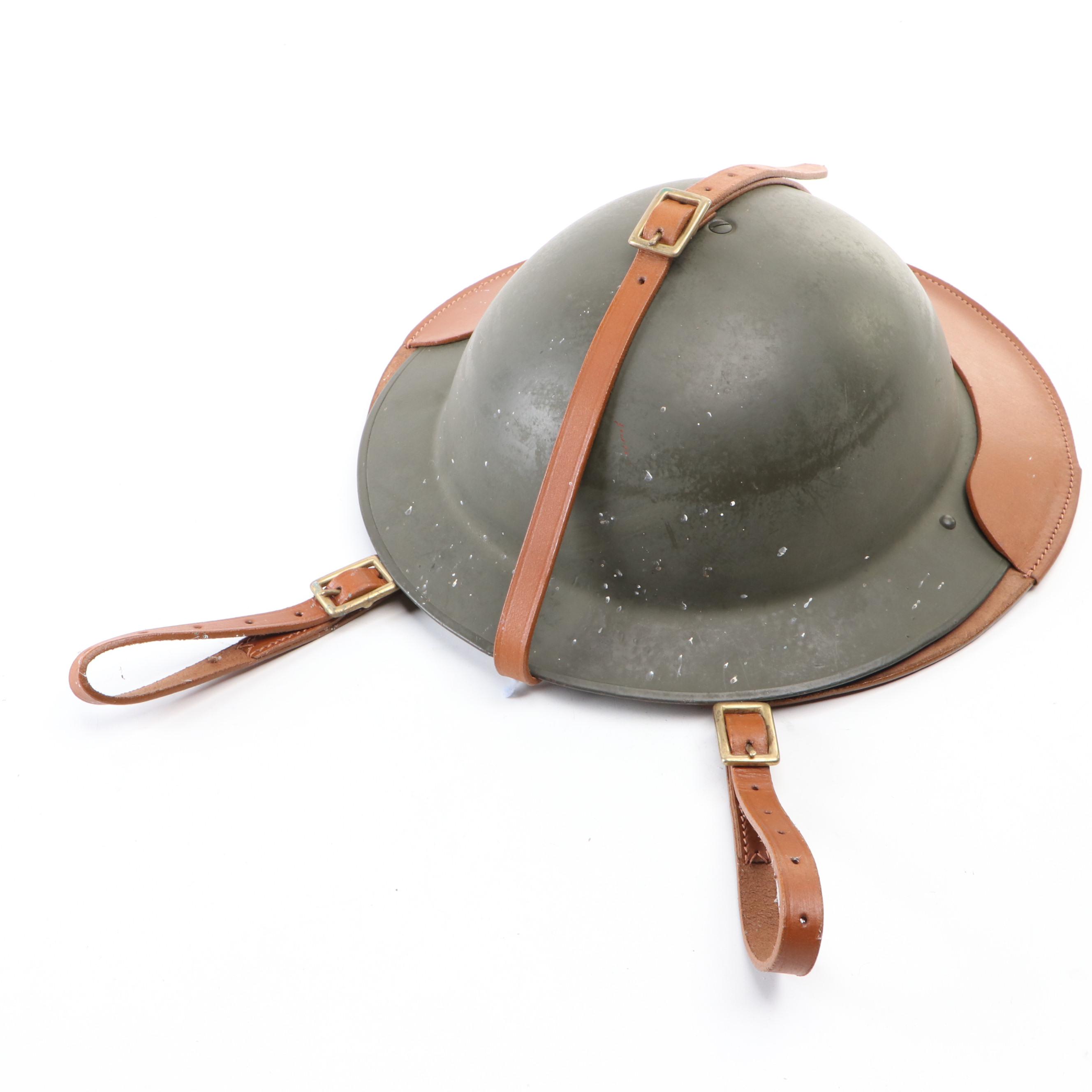 Belgian Style Brodie Helmet with Reproduction Leather Helmet Carrier EBTH