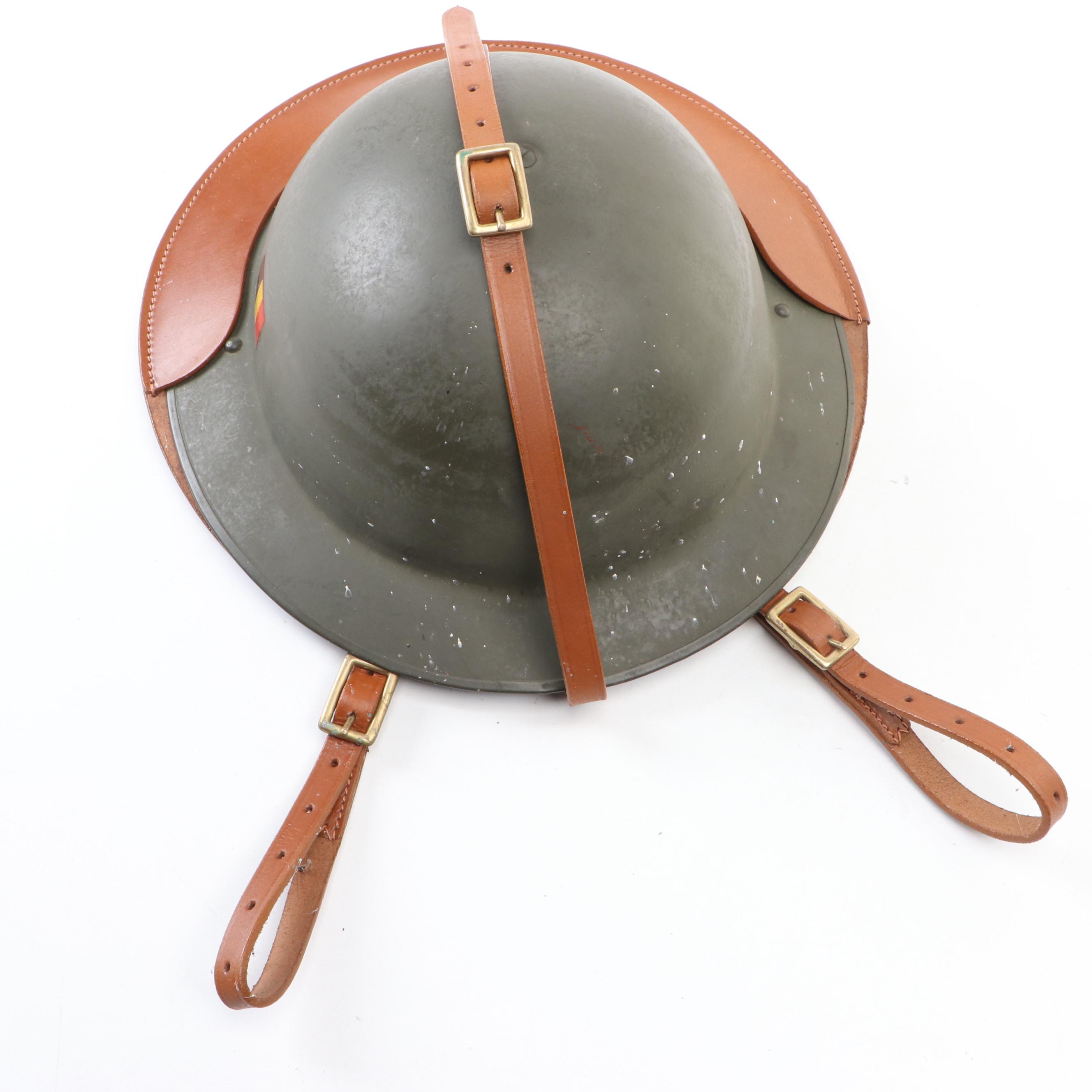 Belgian Style Brodie Helmet with Reproduction Leather Helmet Carrier EBTH