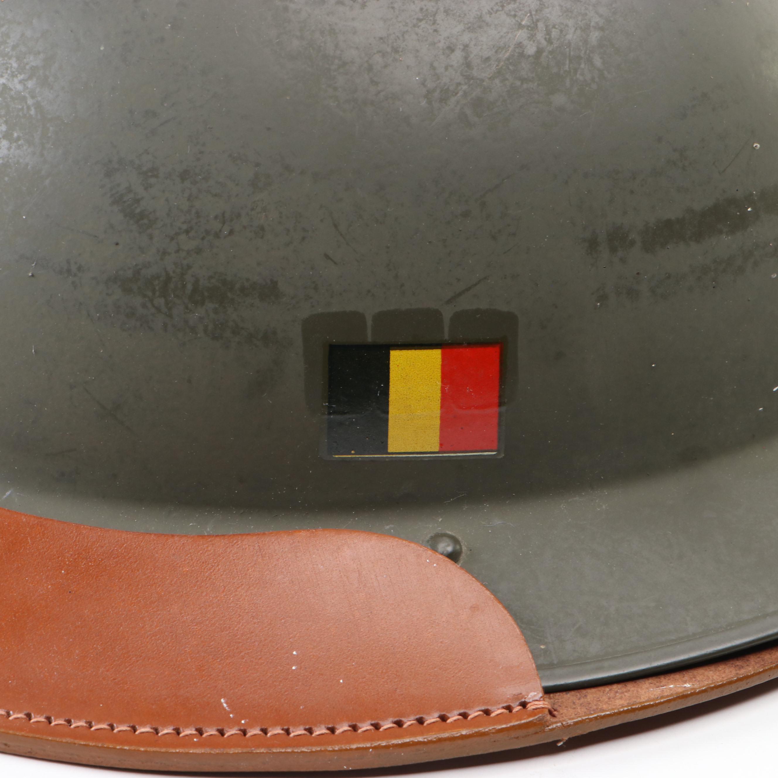Belgian Style Brodie Helmet with Reproduction Leather Helmet Carrier EBTH
