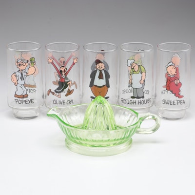 King Features Coca-Cola "Popeye" Glass Tumblers and Uranium Glass Juicer