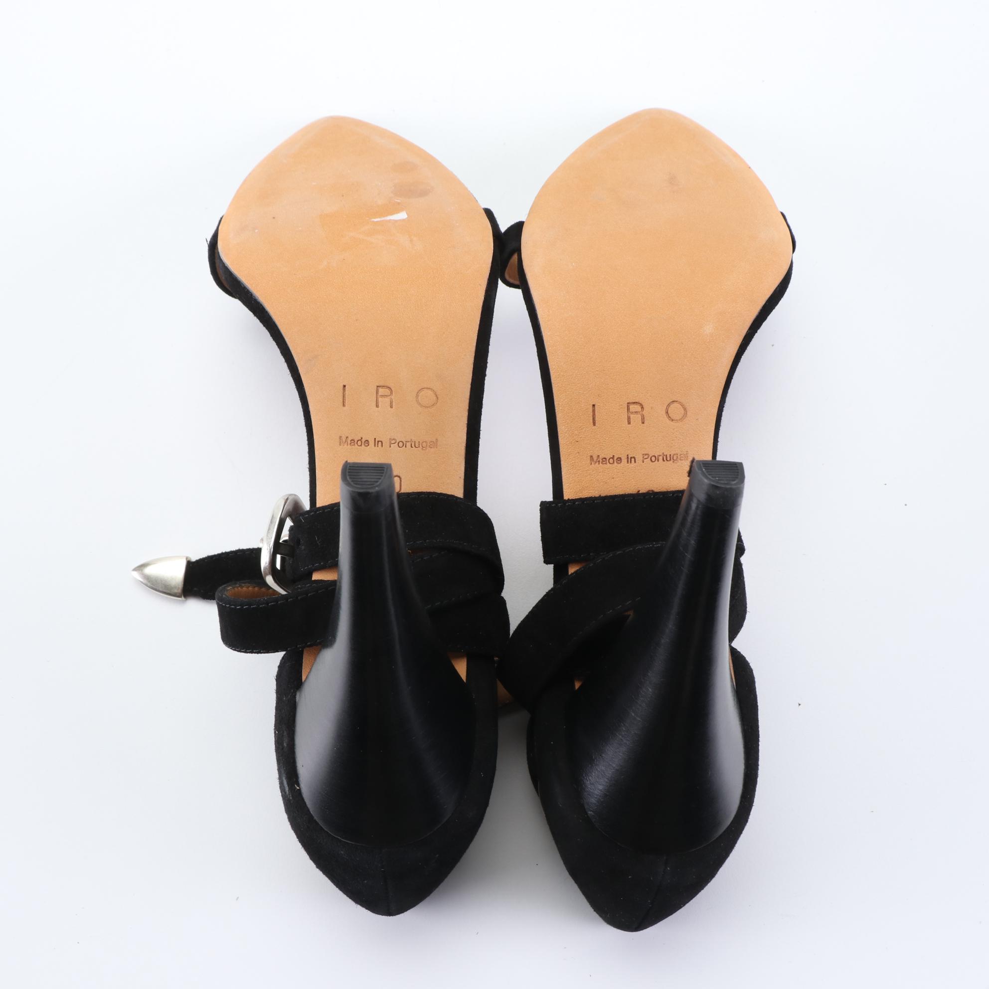 Iro 100mm Open Strappy Pump Sandals in Black Suede with Stacked Leather