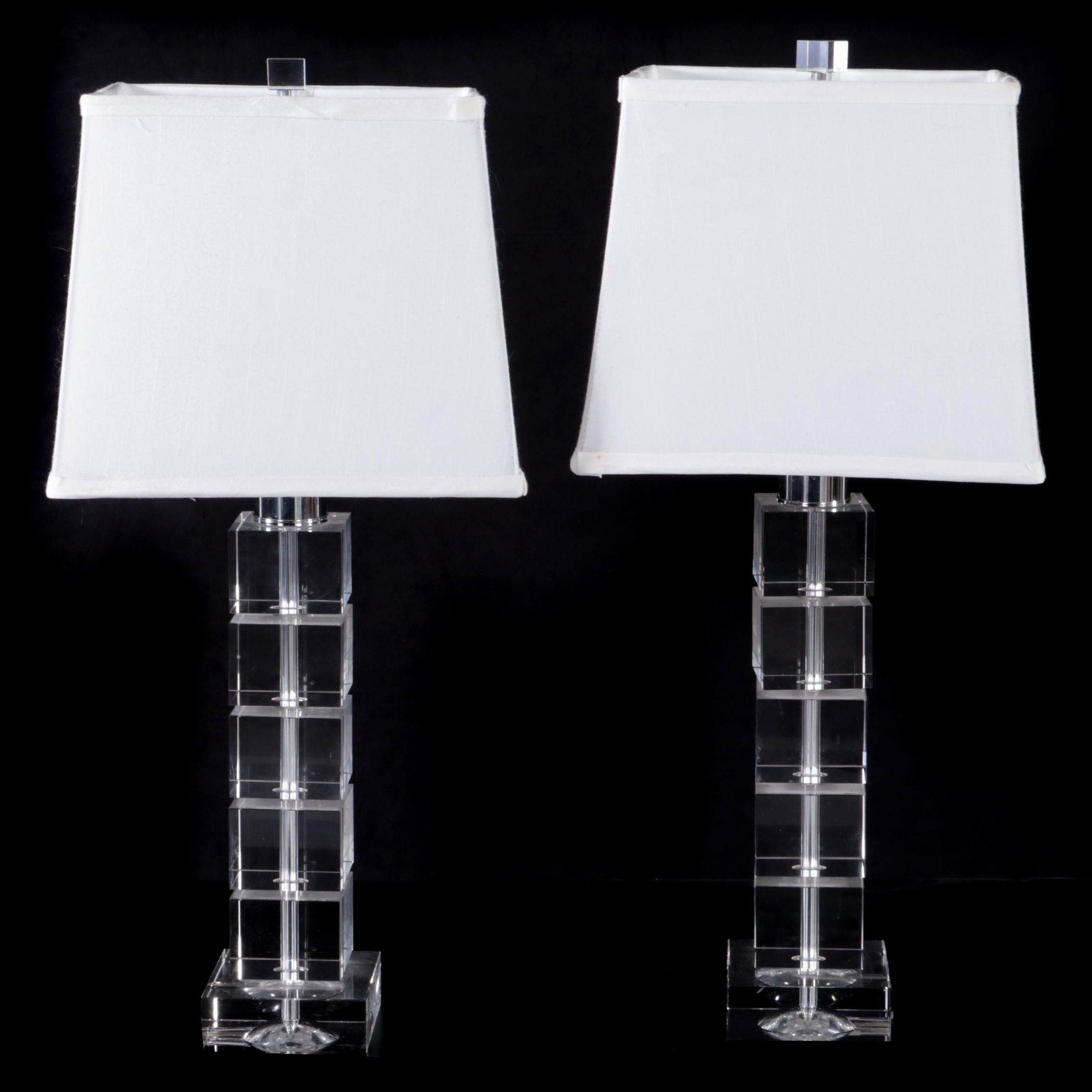 Pair of Stacked Glass Cube Table Lamps With Square Shades EBTH