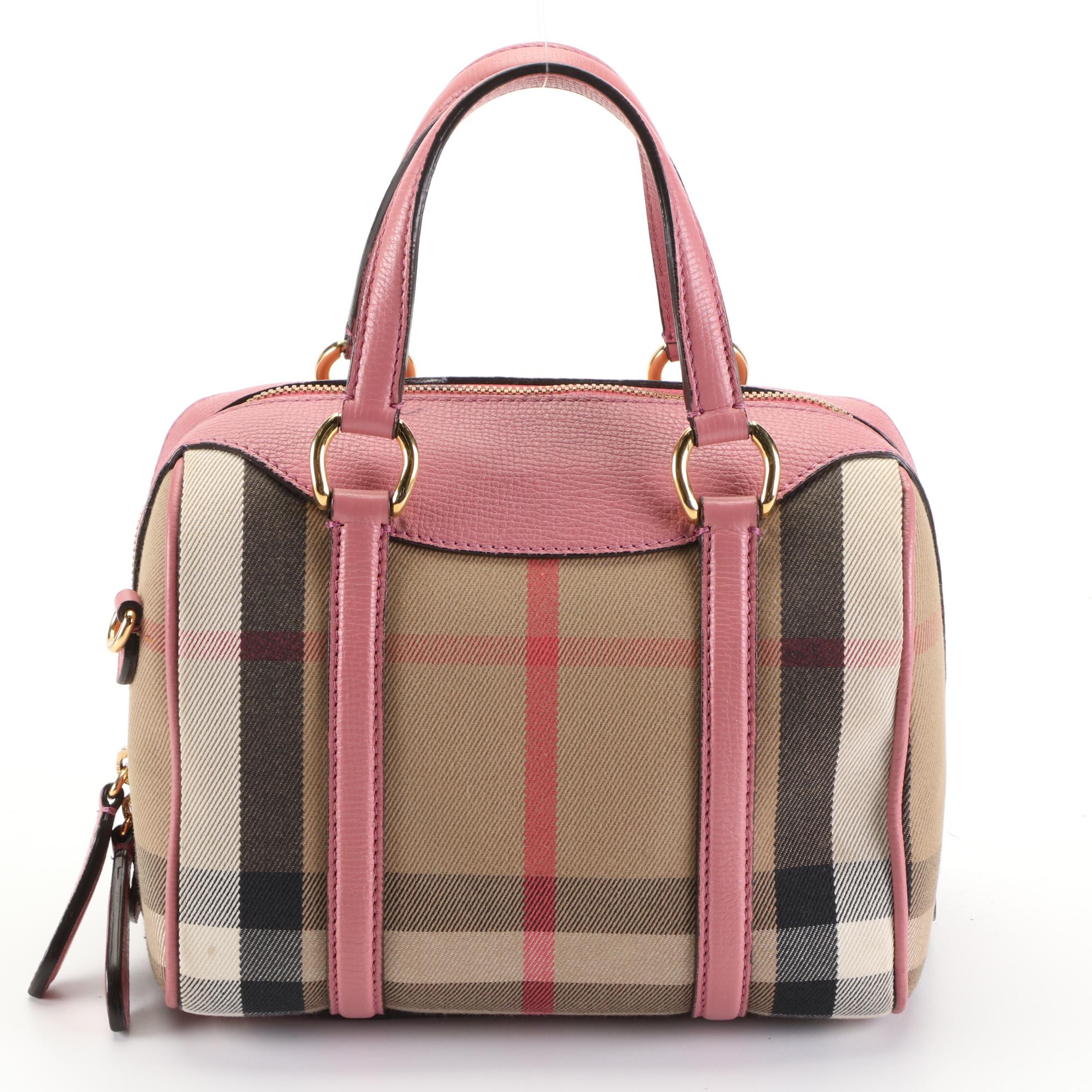 Burberry Small Boston Bag in House Check Twill/Pink Grained Leather