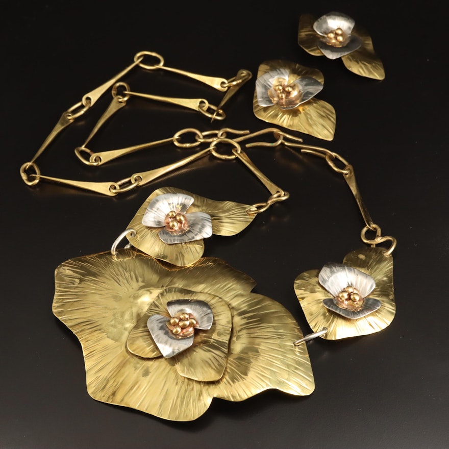Joseph Boris Brass Flower Necklace and Earring Set with Silver Tone Accents