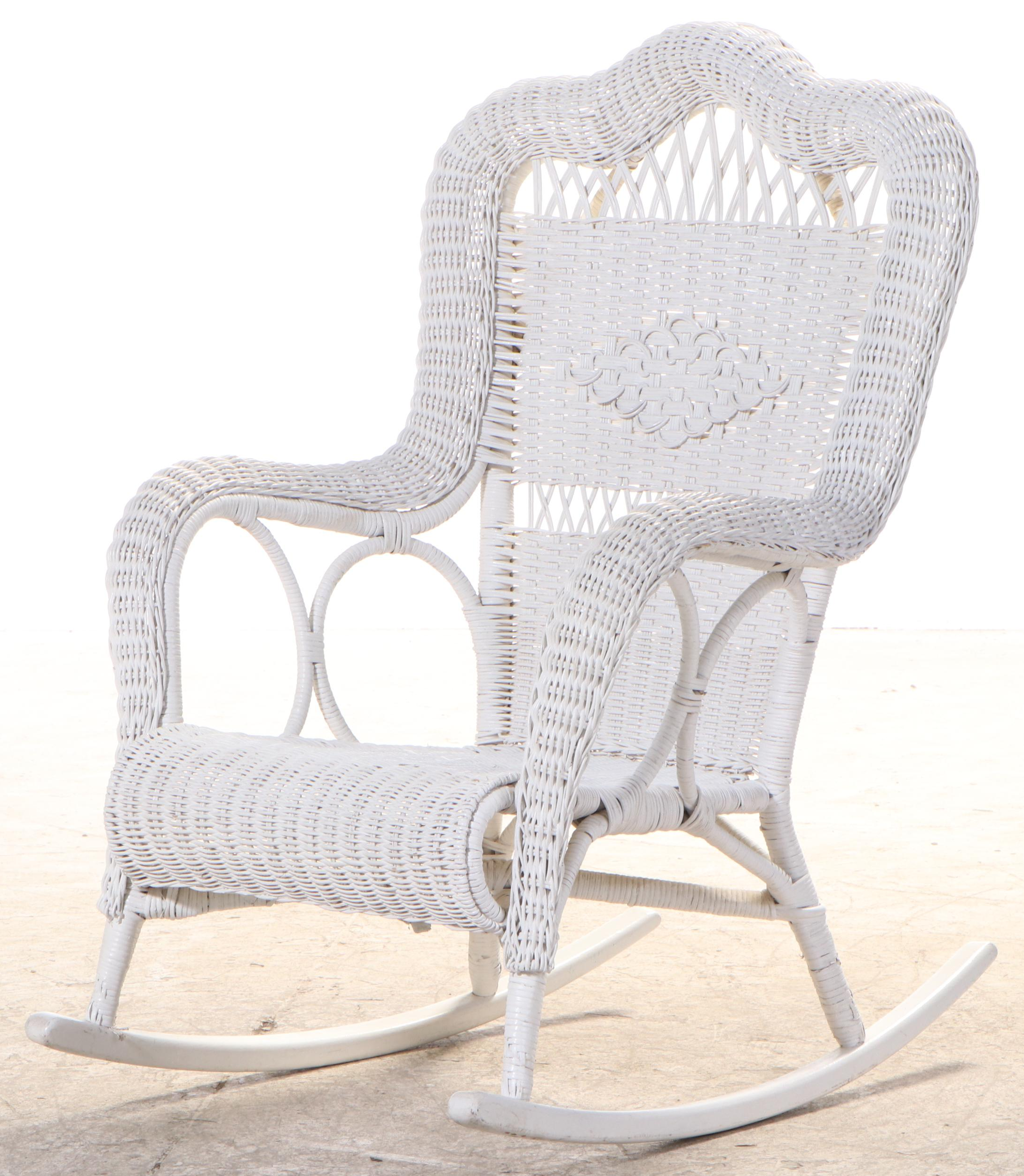 WhitePainted Wicker Patio Rocker, Armchair, and Ottoman, 20th Century