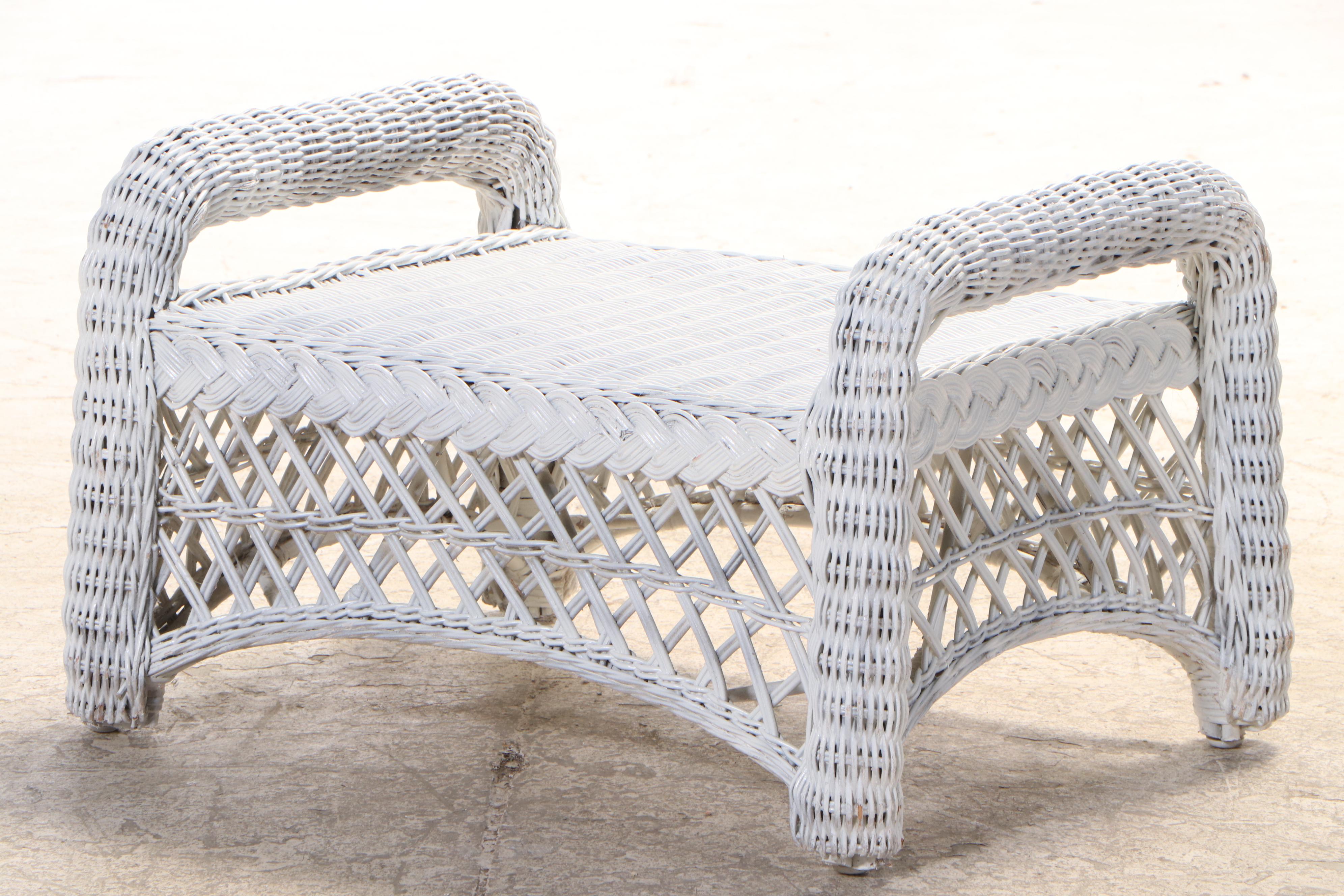 WhitePainted Wicker Patio Rocker, Armchair, and Ottoman, 20th Century