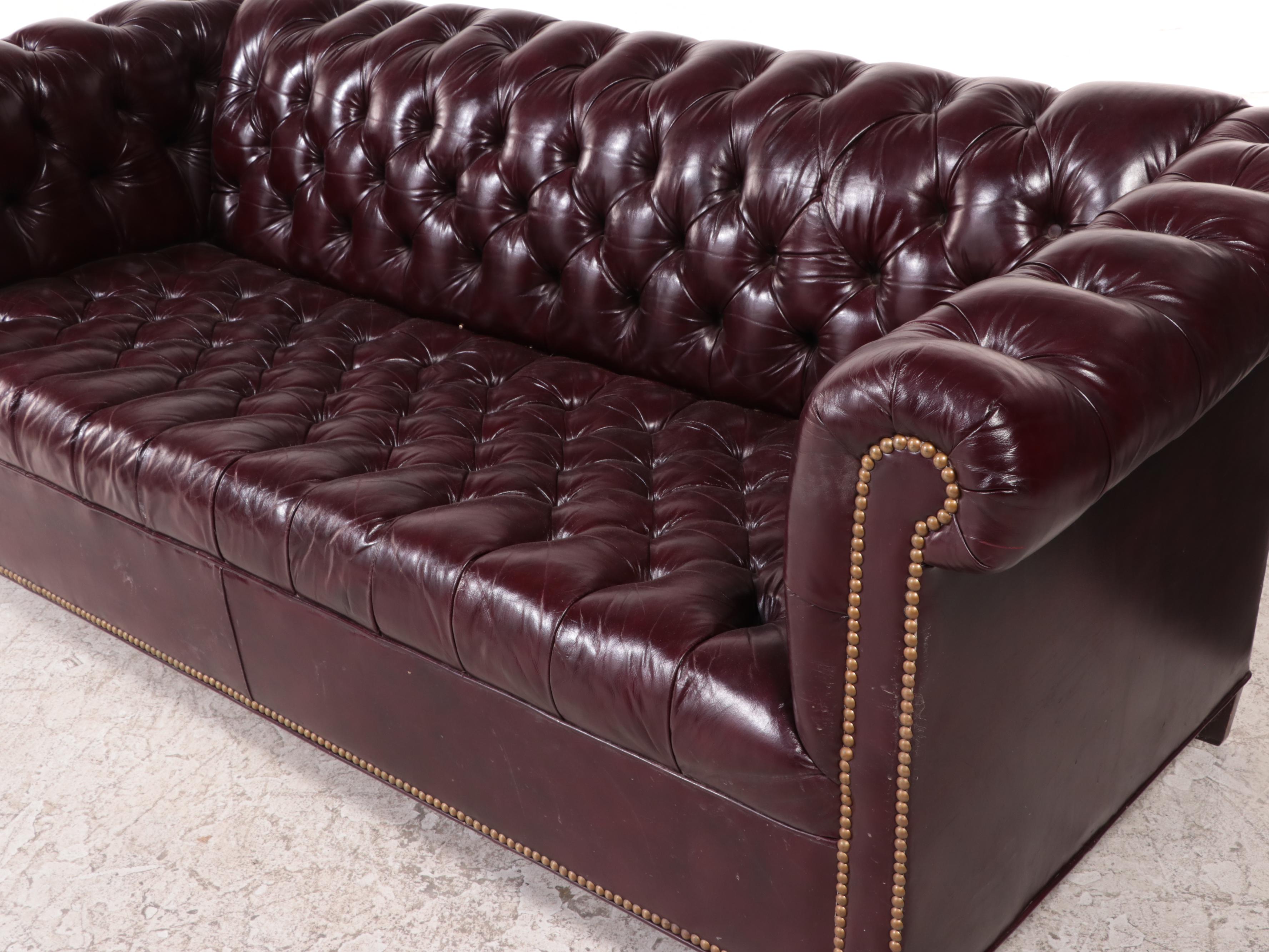 Burgundy Leather Chesterfield Sofa With Nailhead Trim, Late 20th ...