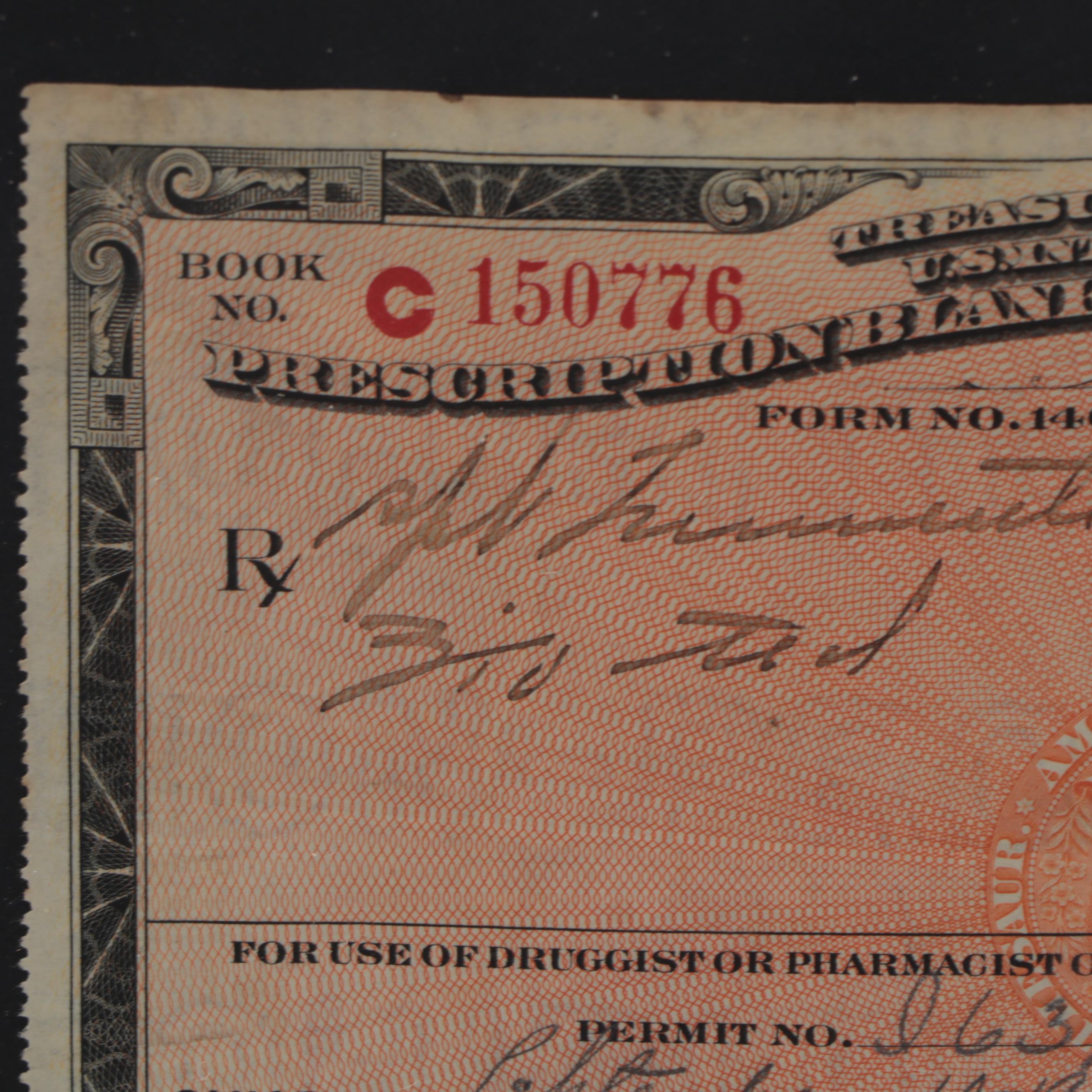 National Prohibition Act Medicinal Liquor Prescription Form, Dated 1925 ...