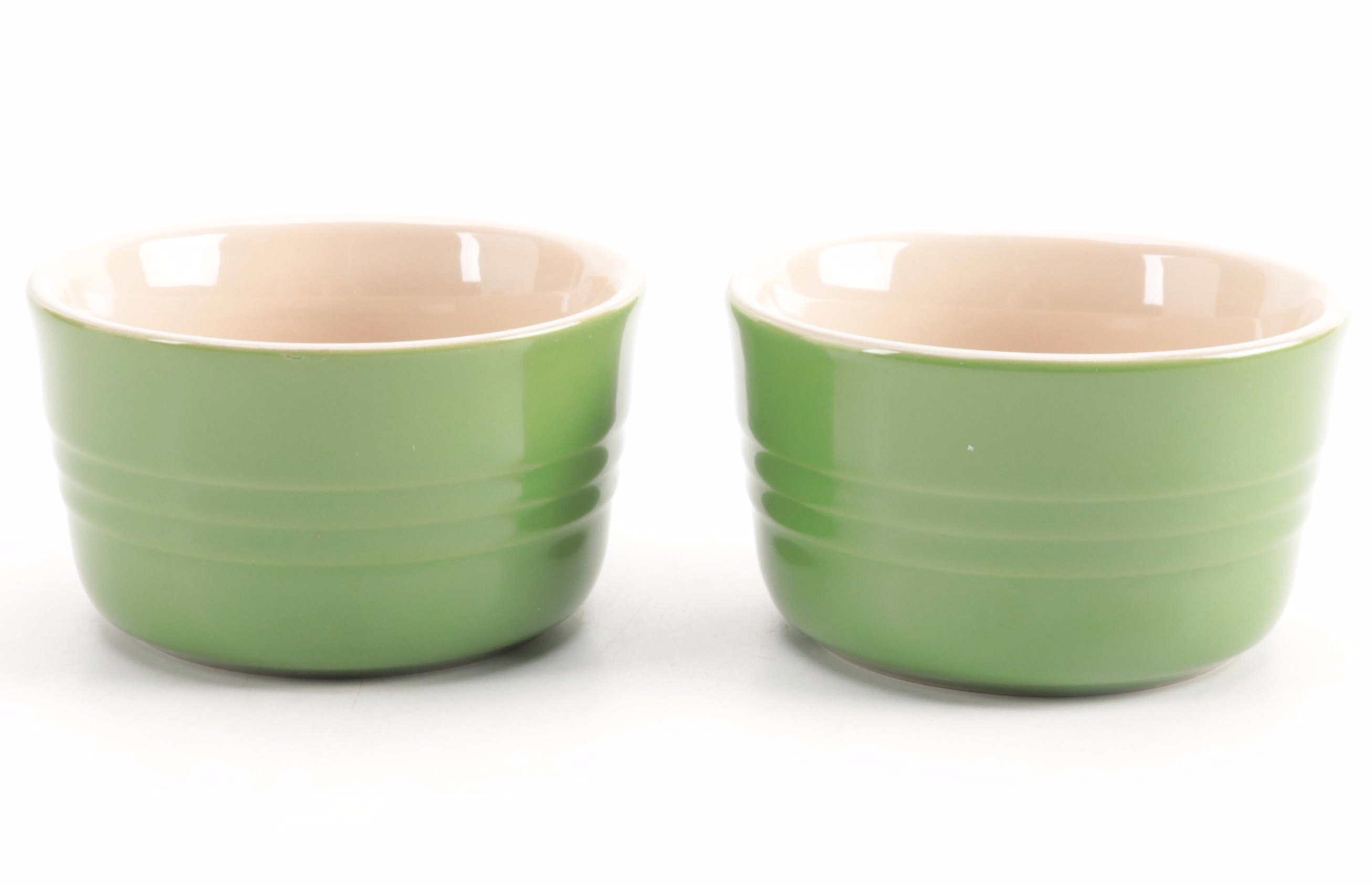 Le Creuset Cerise Stoneware Baking Dish and Spring Green Ramekins EBTH