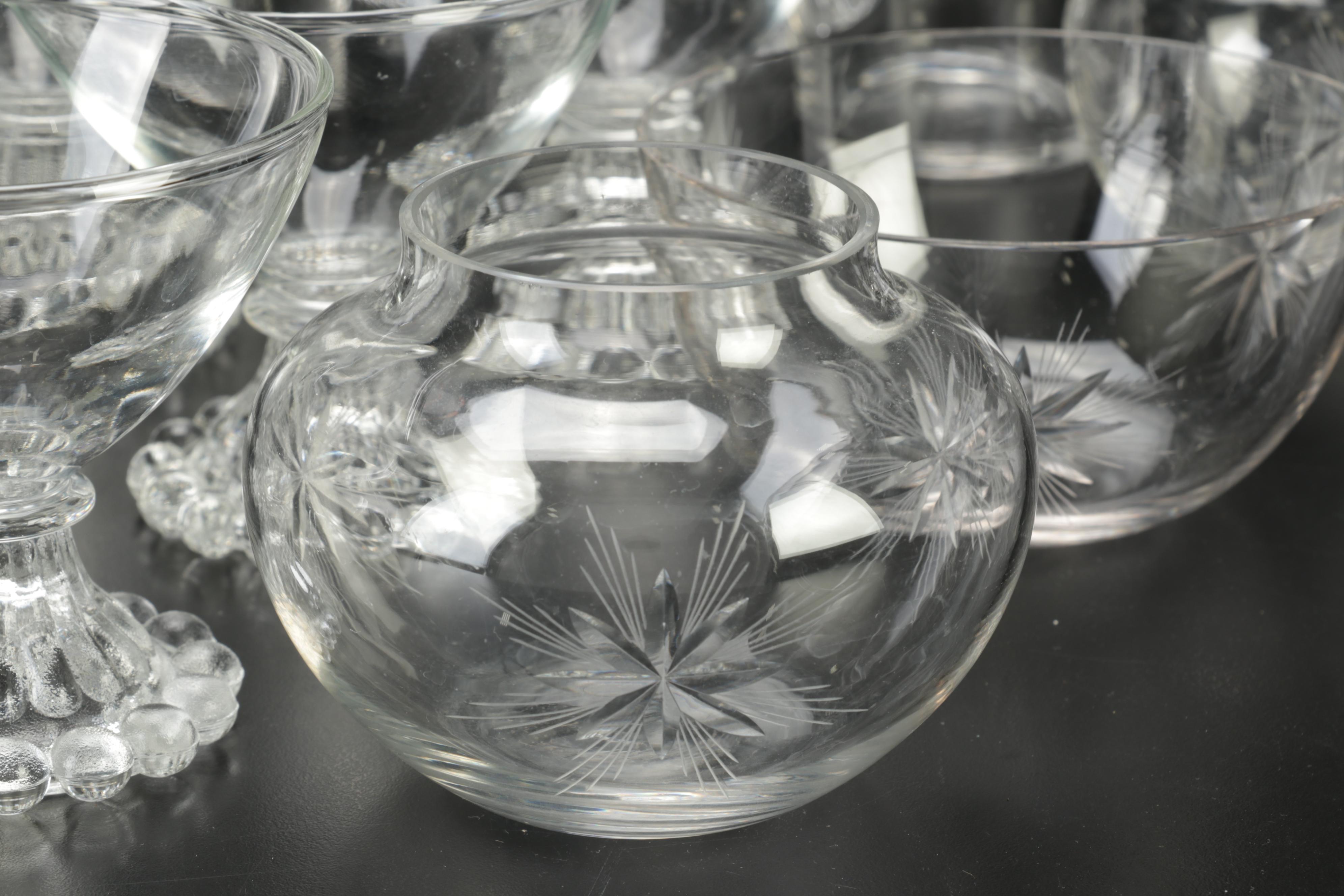 AnchorHocking "Boopie" Coupes with Etched and Pressed Glass Table