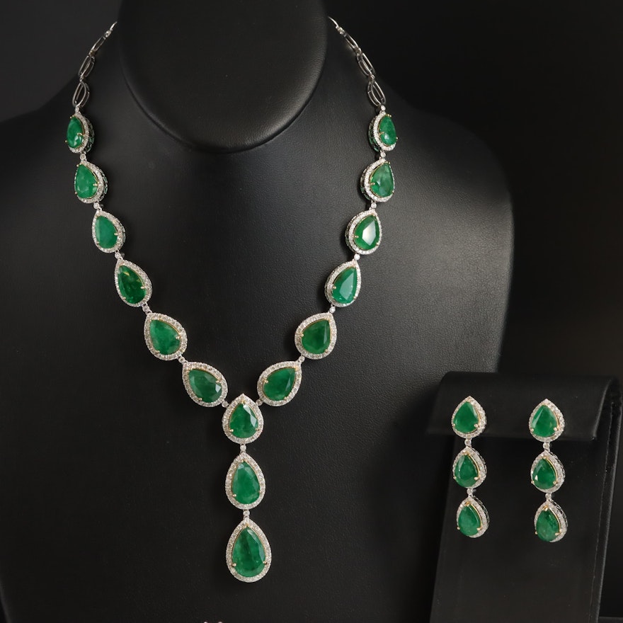 14K 73.85 CTW Emerald and 8.20 CTW Diamond Necklace and Earring Set