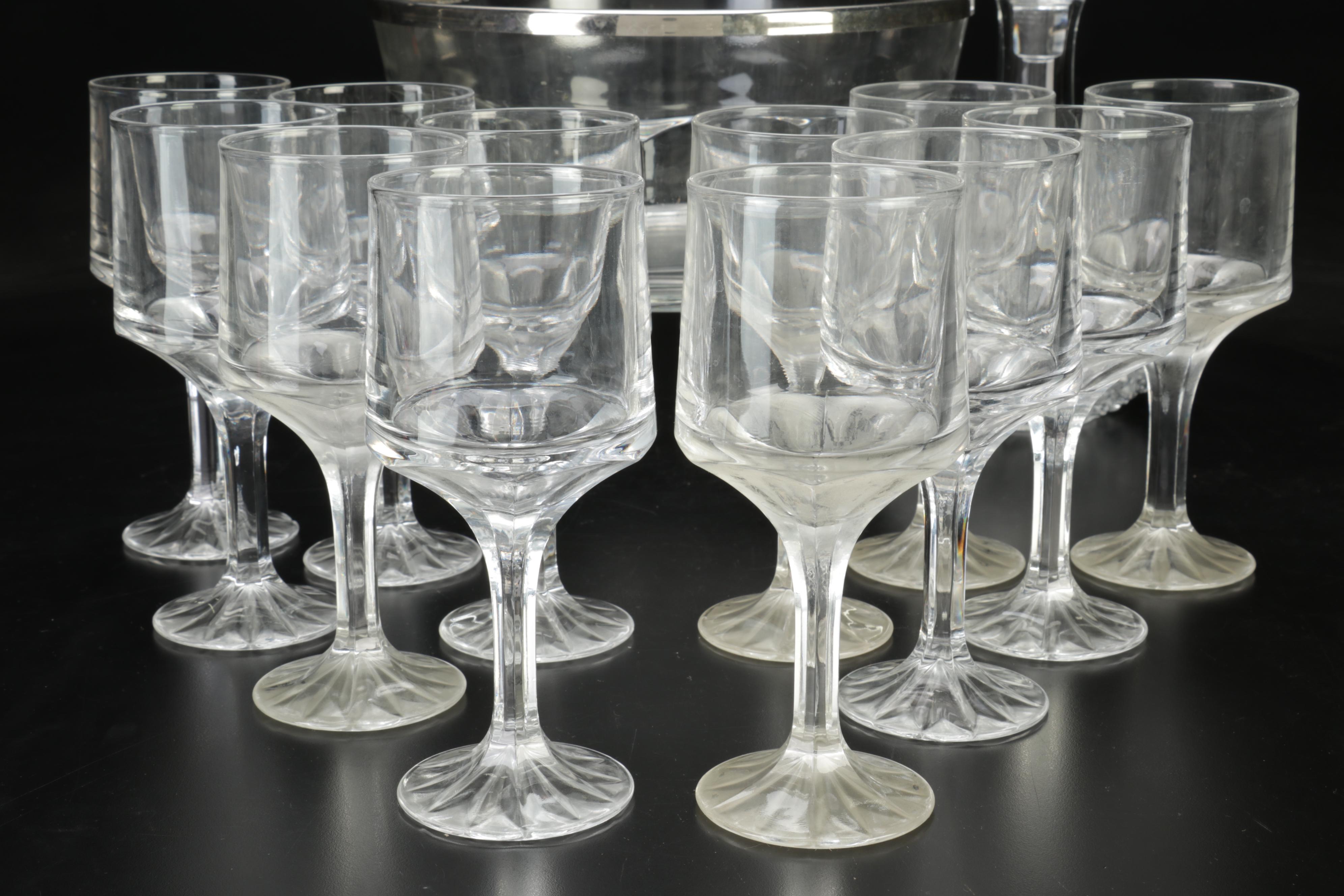 Pressed Glass Wine Glasses, Silver Rim Bowl and Decanter EBTH