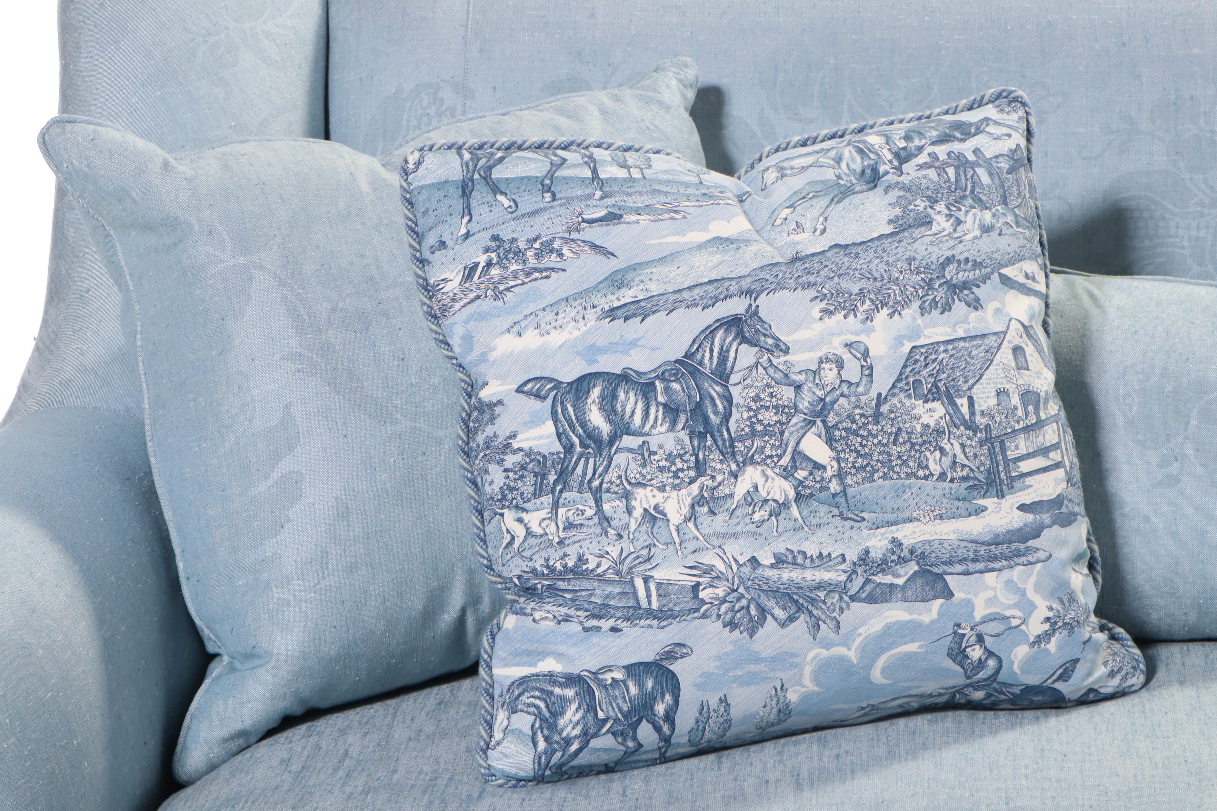 Thibaut Blue Linen Damask Sofa with Pillows EBTH