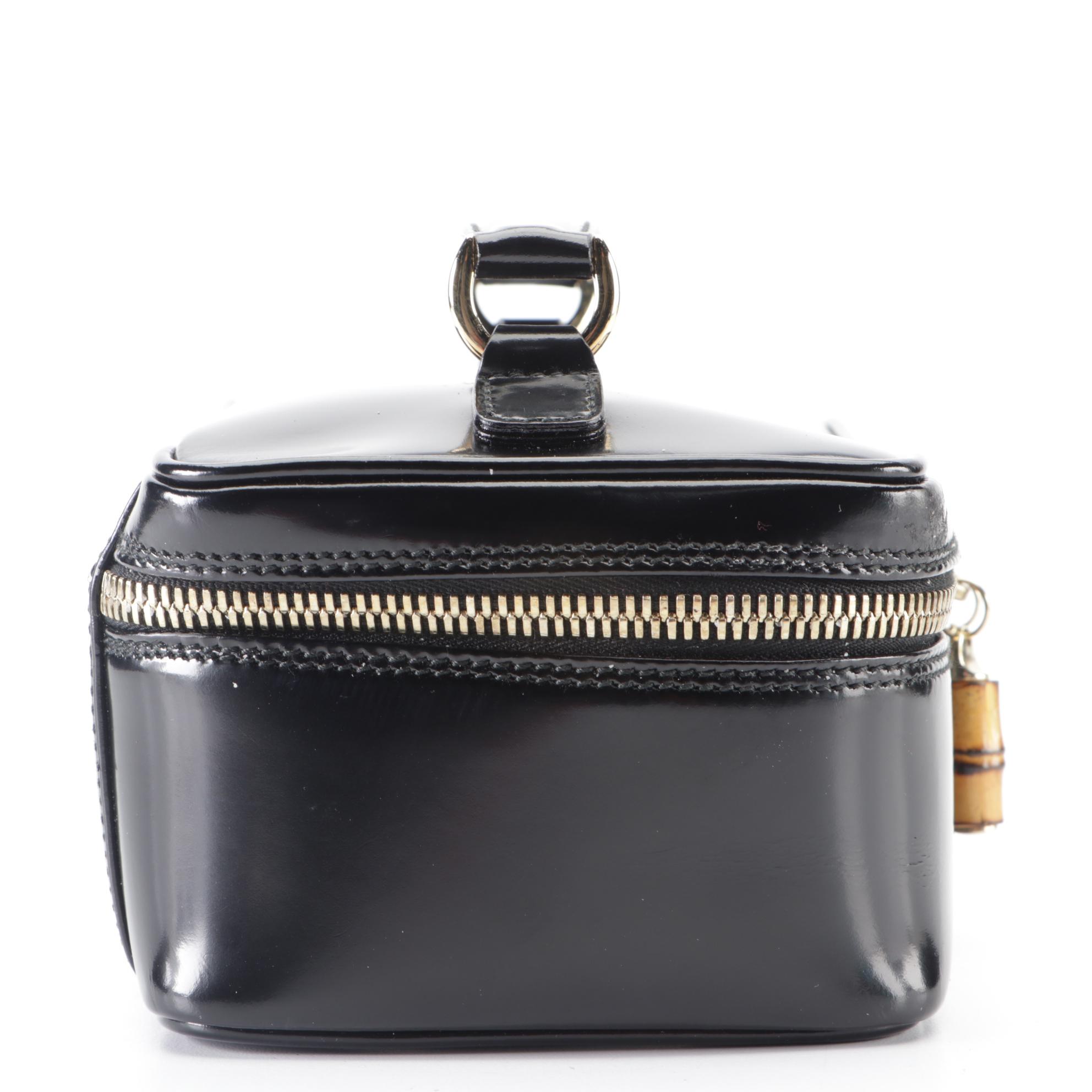 Gucci Cosmetic Bag in Black Glazed Leather with Bamboo Zipper Pulls EBTH