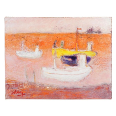 Jean Volang Maritime Mixed Media Painting "Boats 4"