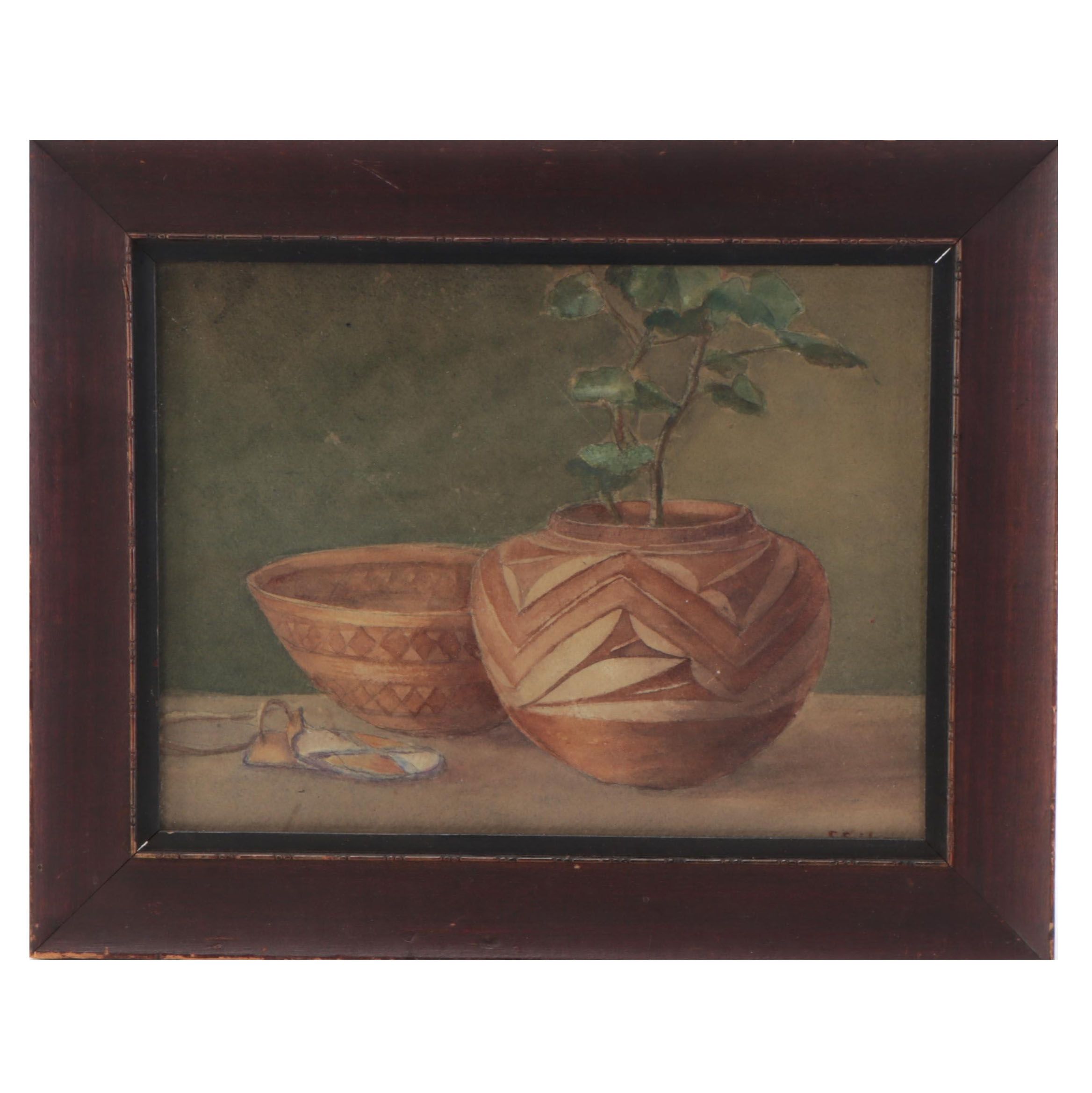 Still Life Watercolor Painting of Southwestern Pottery EBTH