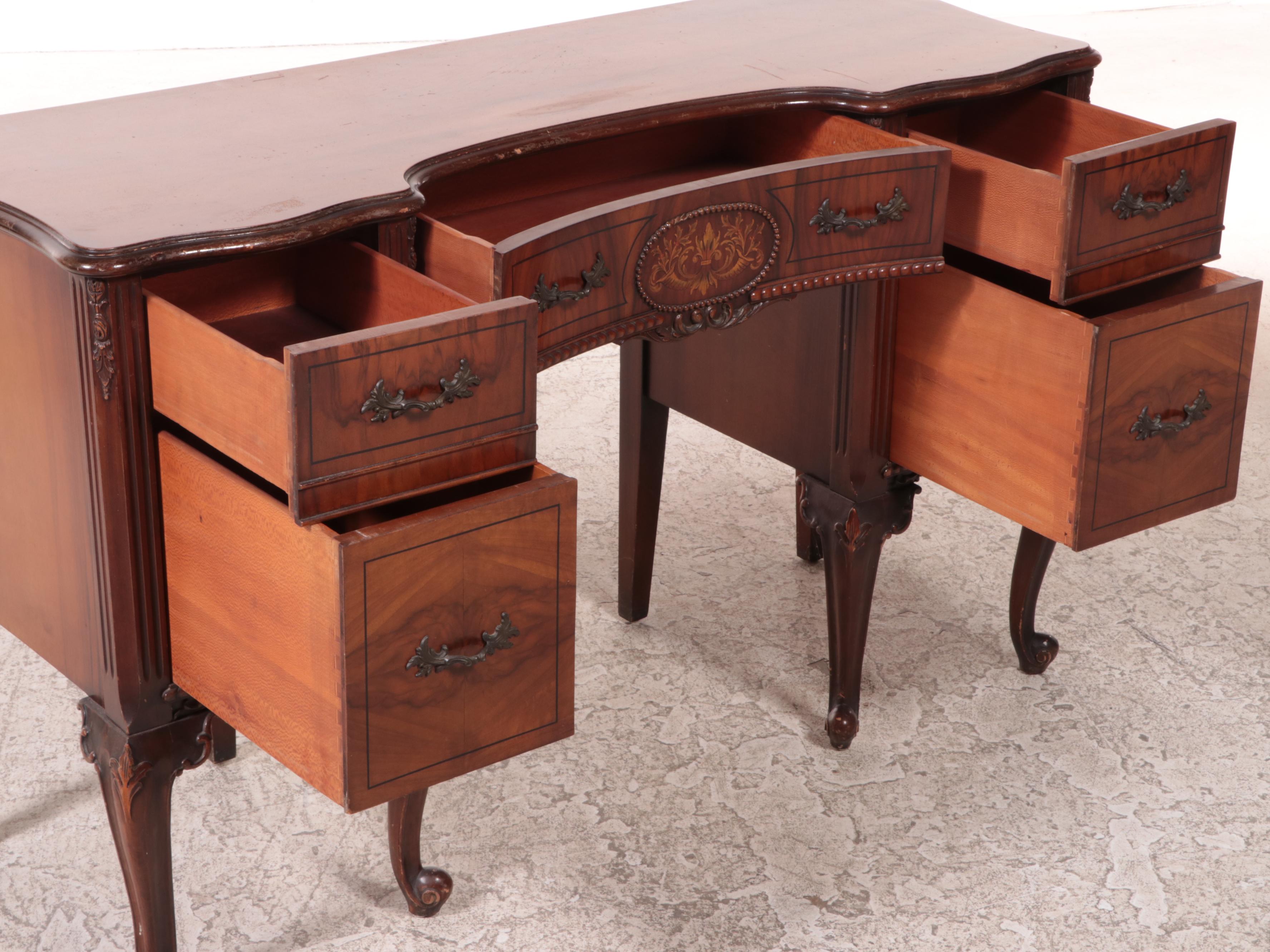 Style Walnut Vanity Desk with Wall Mirror, 1940s EBTH