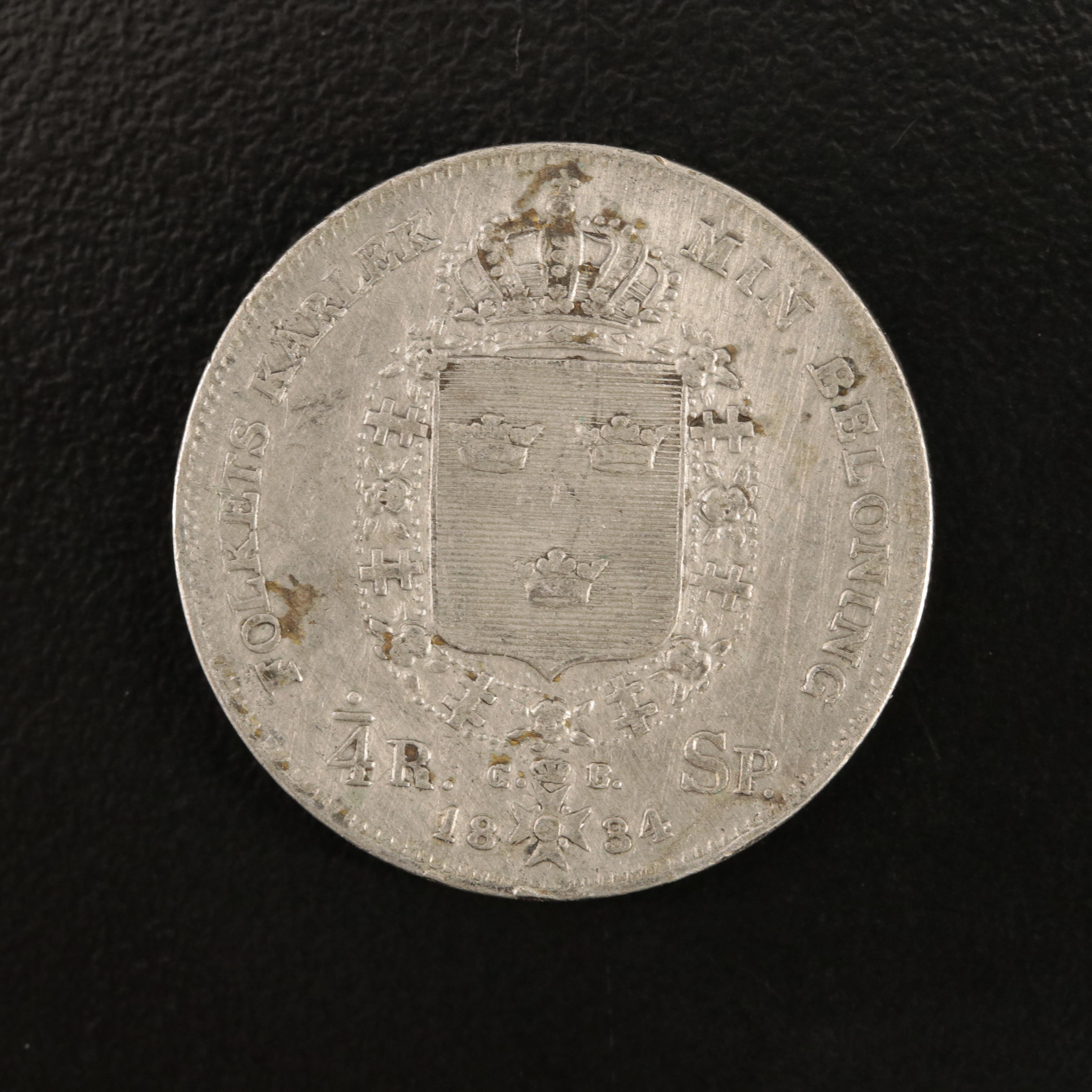 1834 Swedish 1/4 Riksdaler Silver Coin | EBTH