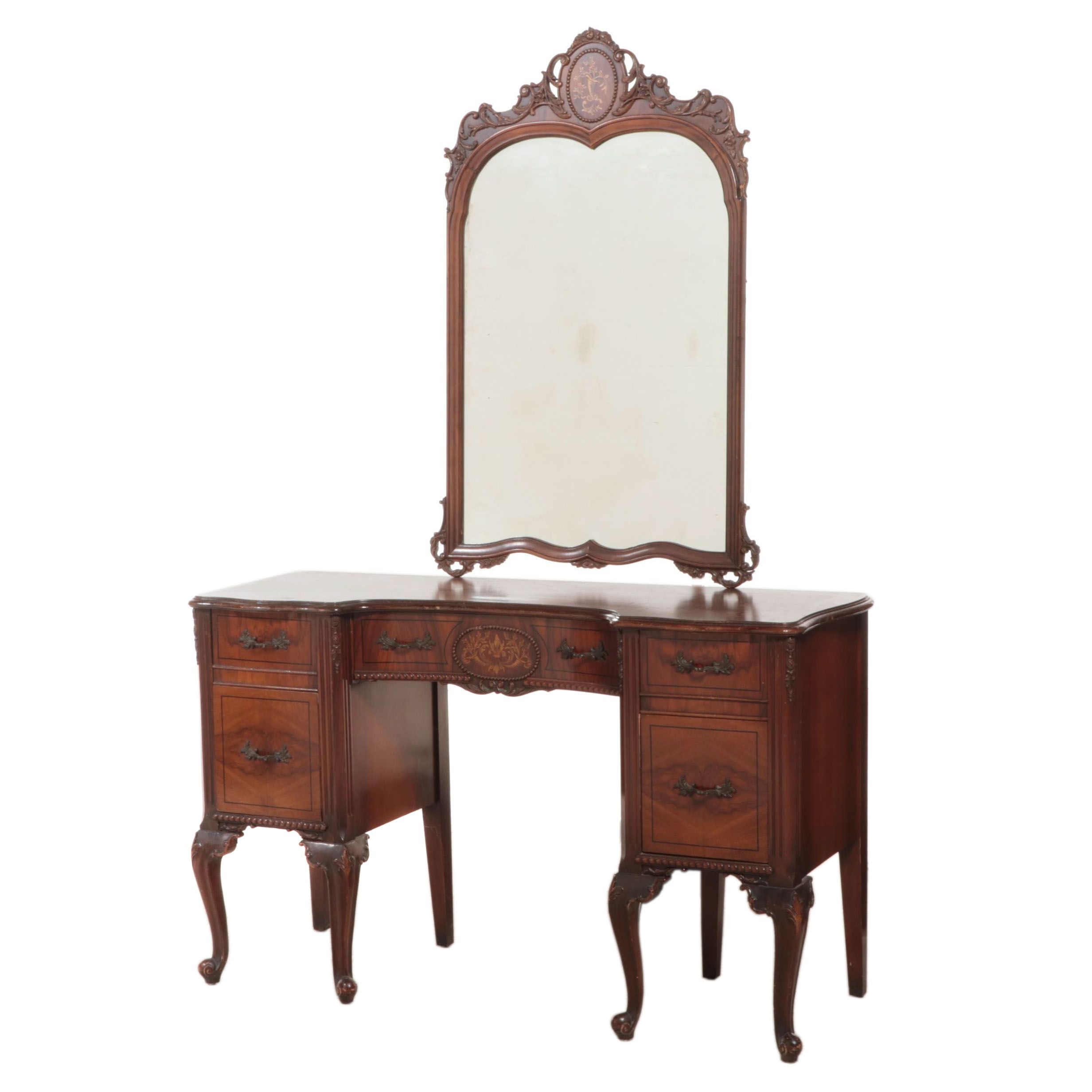 Style Walnut Vanity Desk with Wall Mirror, 1940s EBTH