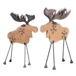 Pair of Large Wooden Moose Floor Décor with Metal Legs and Antlers