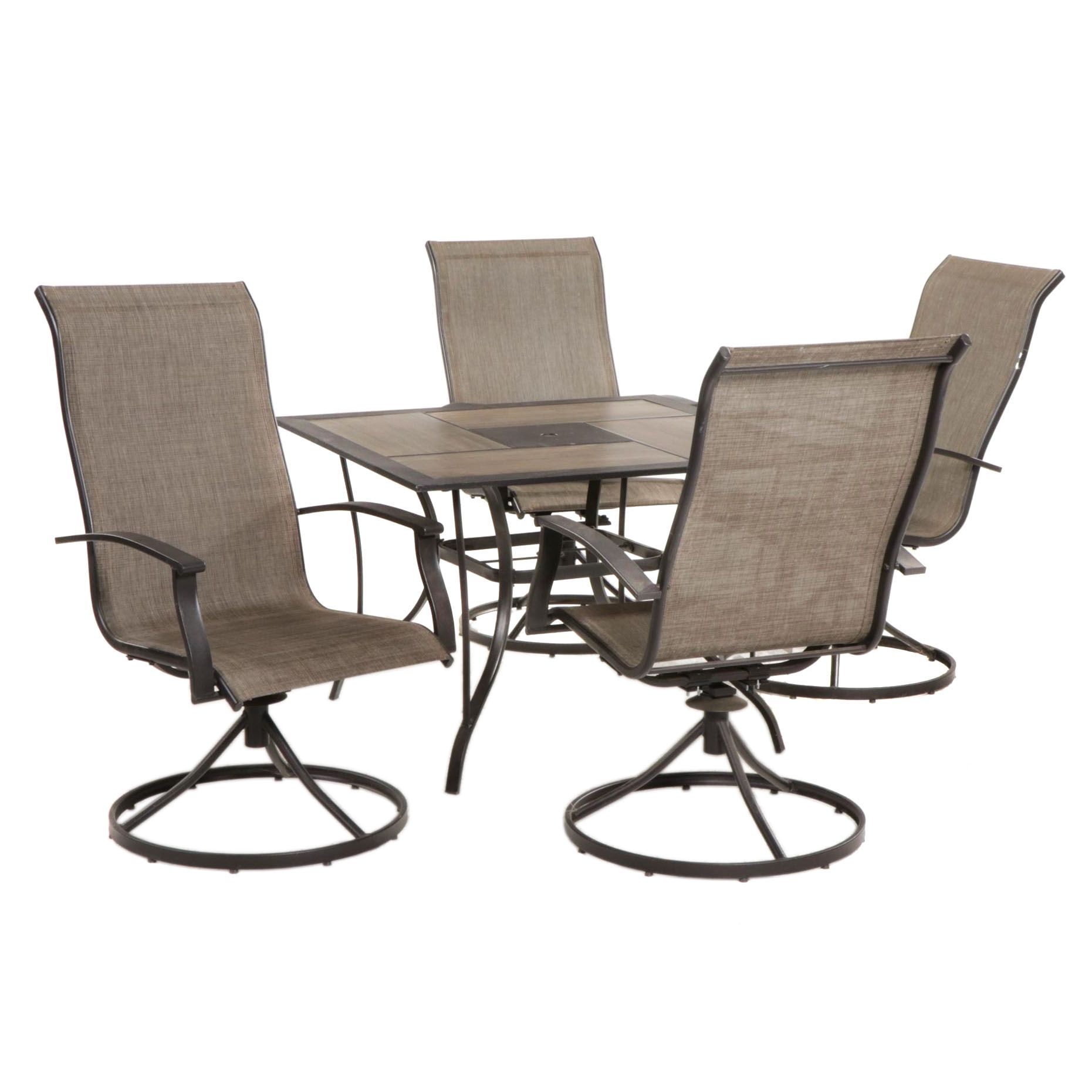 Woodgrain Metal and Ceramic Tile Patio Dining Table with Four Swivel