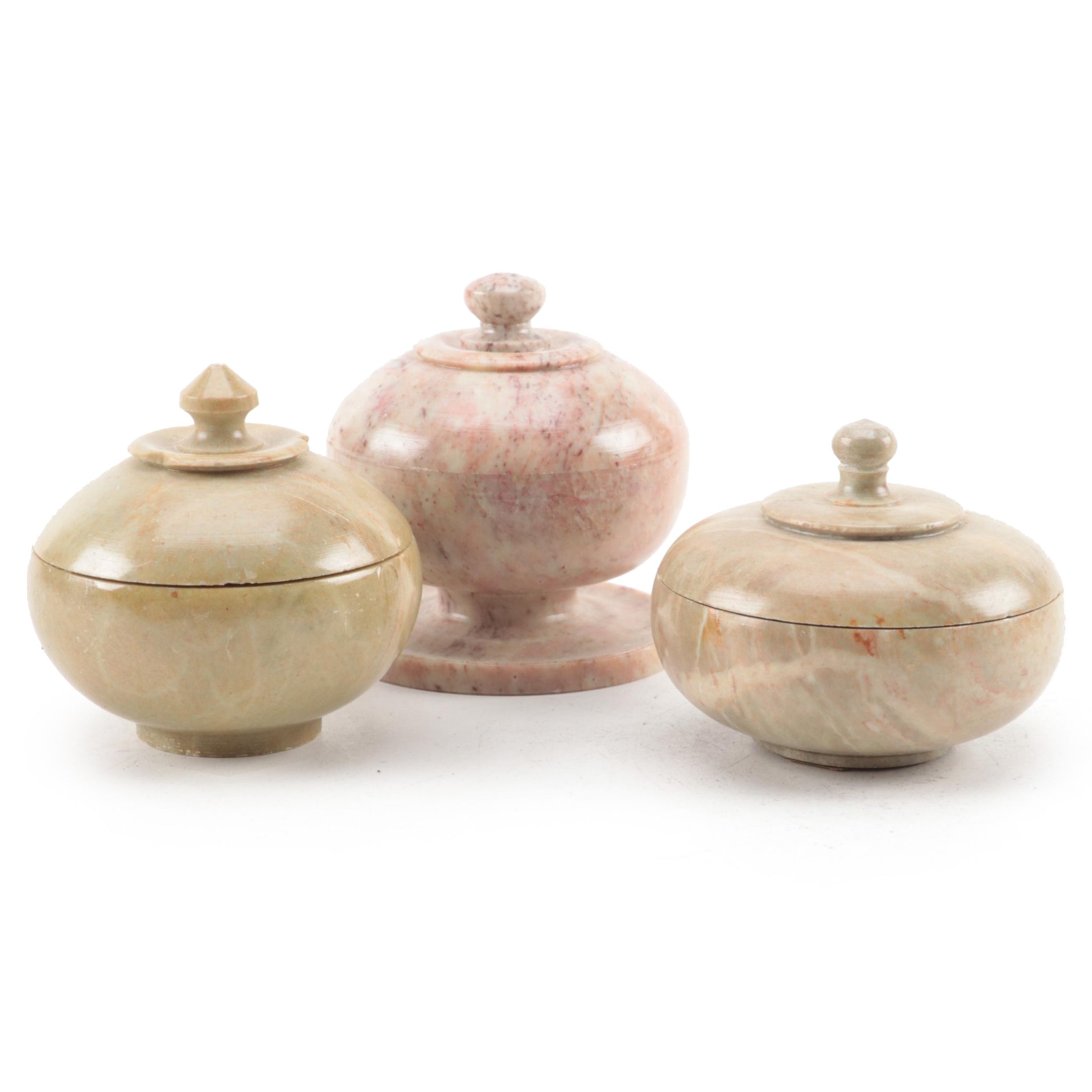 Indian Carved Soapstone Round Trinket Boxes EBTH