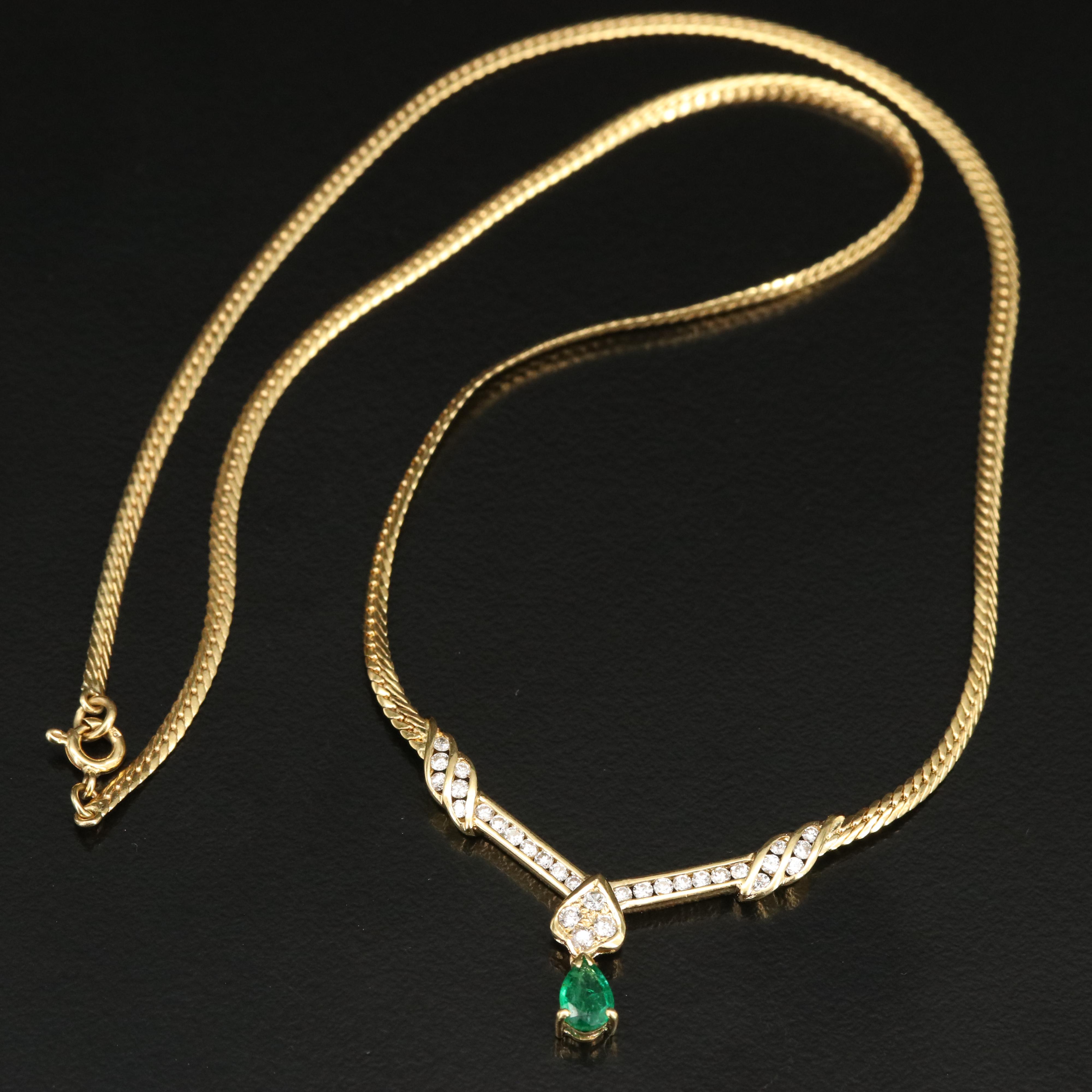 18K Emerald and Diamond Herringbone Necklace EBTH