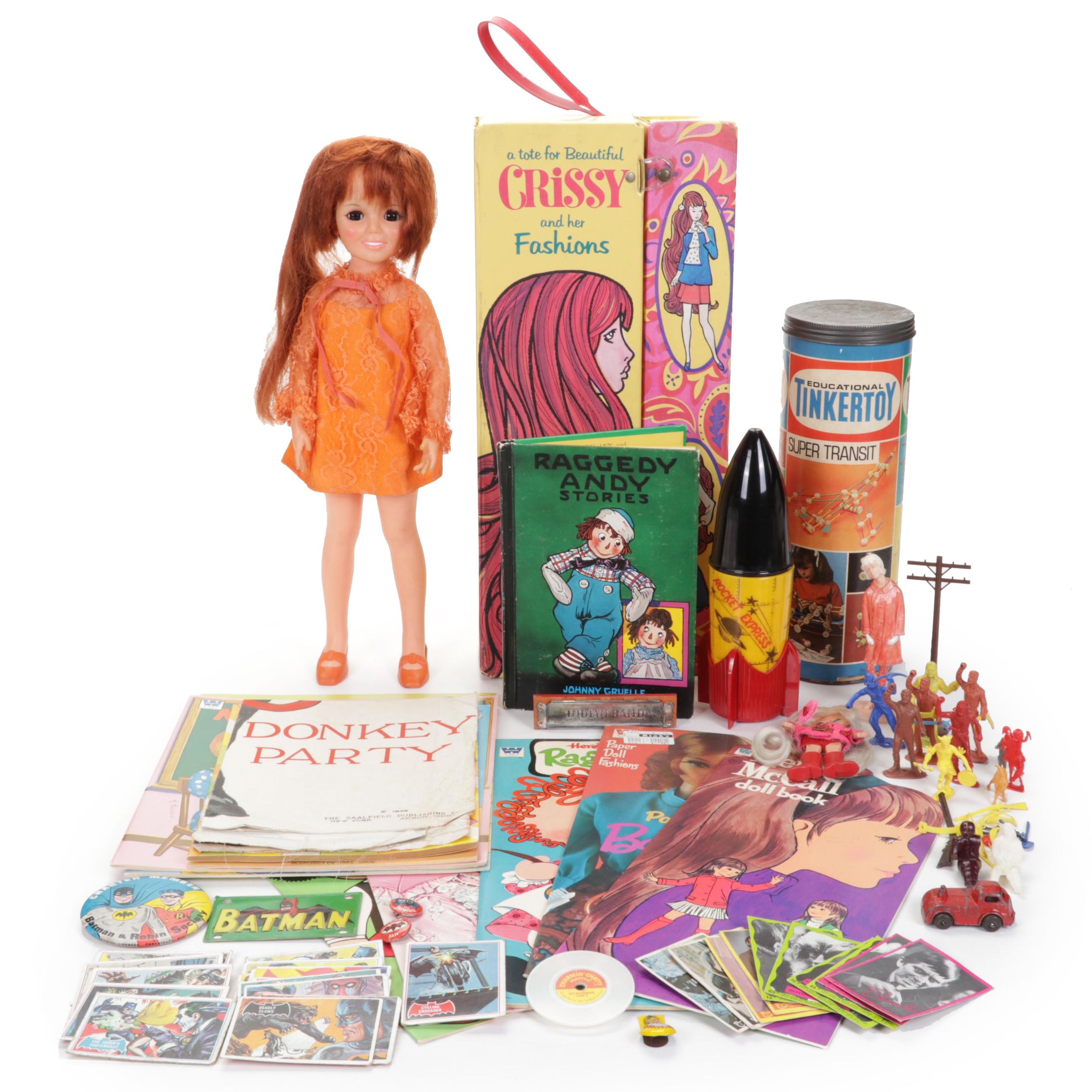 Rocket Express Rocket Ship Cup, Batman Pins and Cards, Crissy Doll, and ...